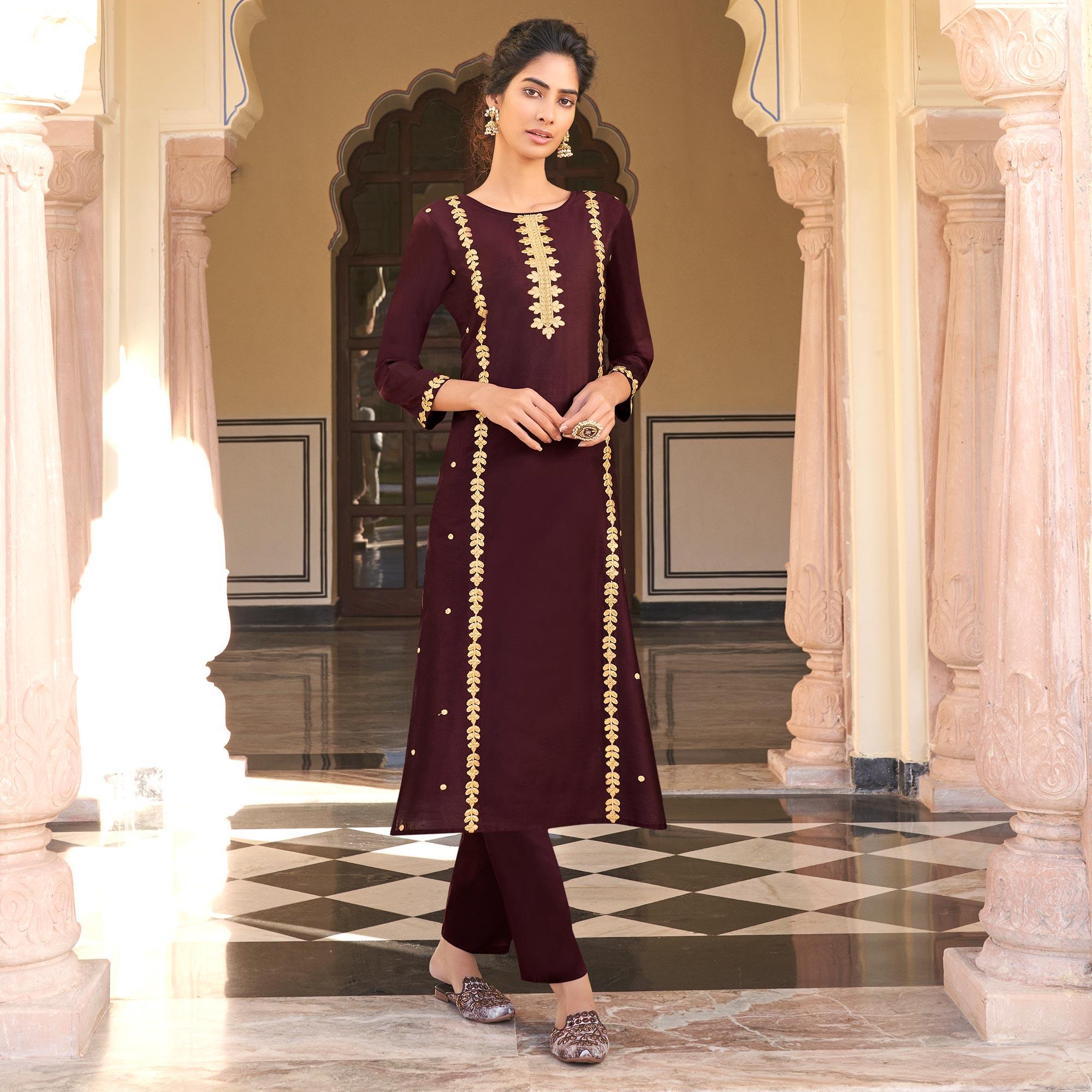 Brown Casual Wear Embroidered Pure Viscose Santoon Pallazo Suit - Peachmode