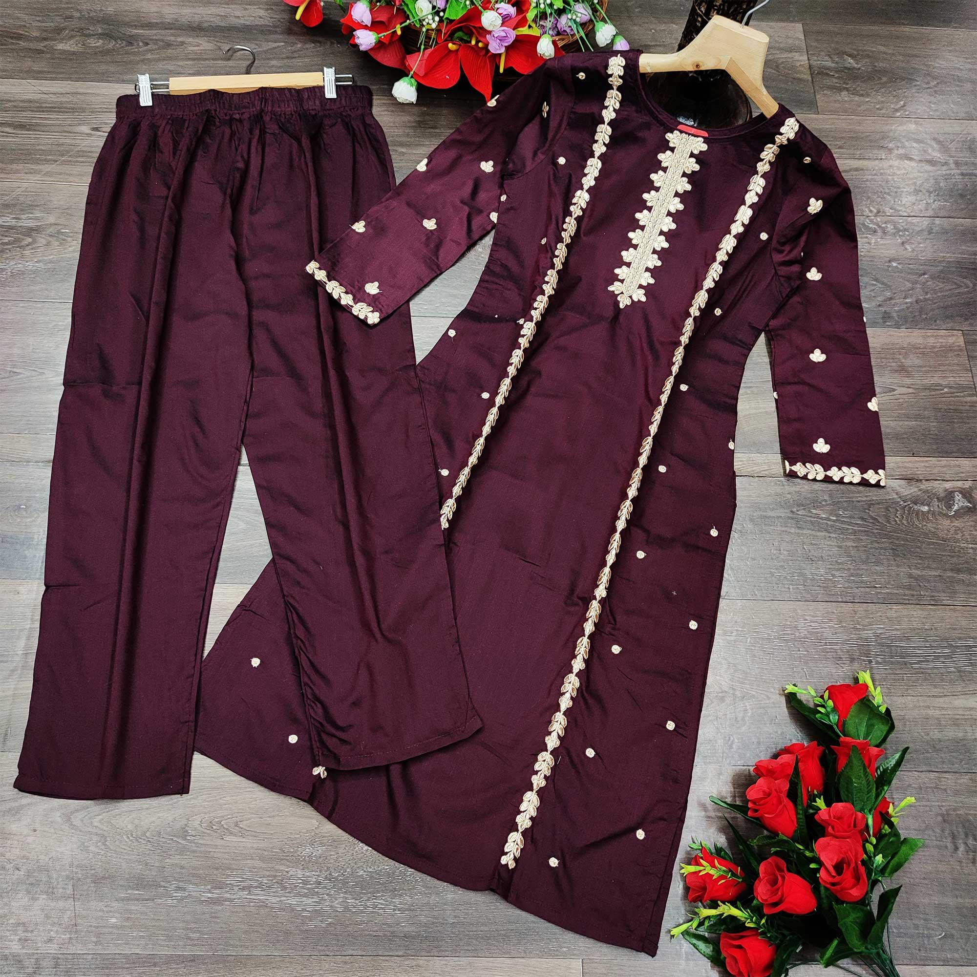Brown Casual Wear Embroidered Pure Viscose Santoon Pallazo Suit - Peachmode