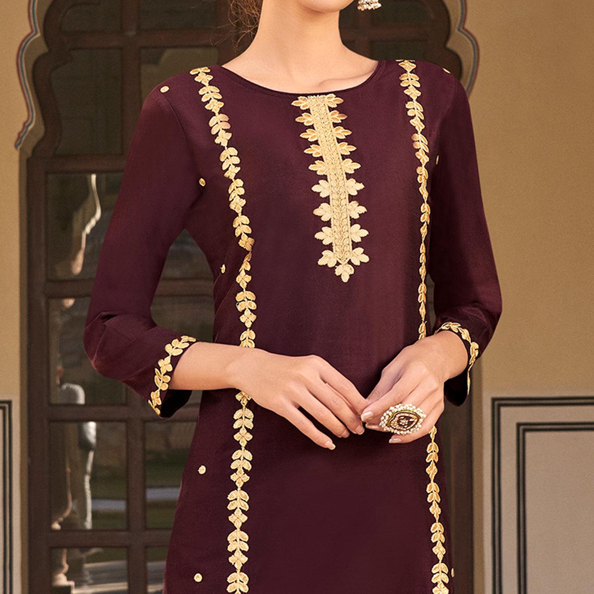 Brown Casual Wear Embroidered Pure Viscose Santoon Pallazo Suit - Peachmode