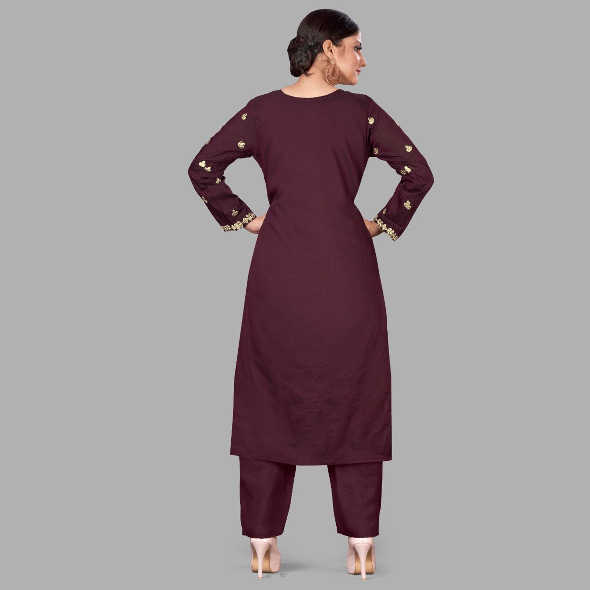 Brown Casual Wear Embroidered Pure Viscose Santoon Pallazo Suit - Peachmode