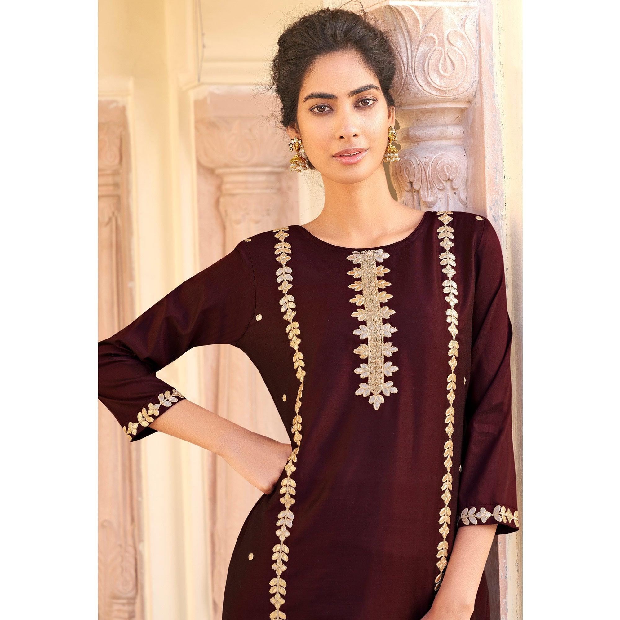 Brown Casual Wear Embroidered Pure Viscose Santoon Pallazo Suit - Peachmode