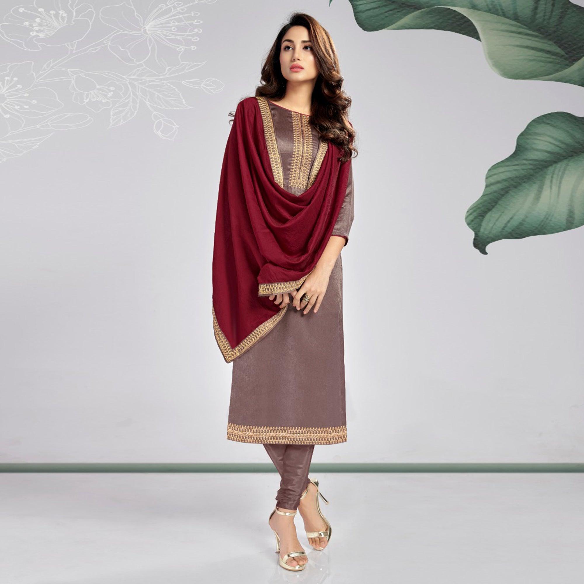 Brown Casual Wear Embroidered Sanaya Silk Dress Material - Peachmode