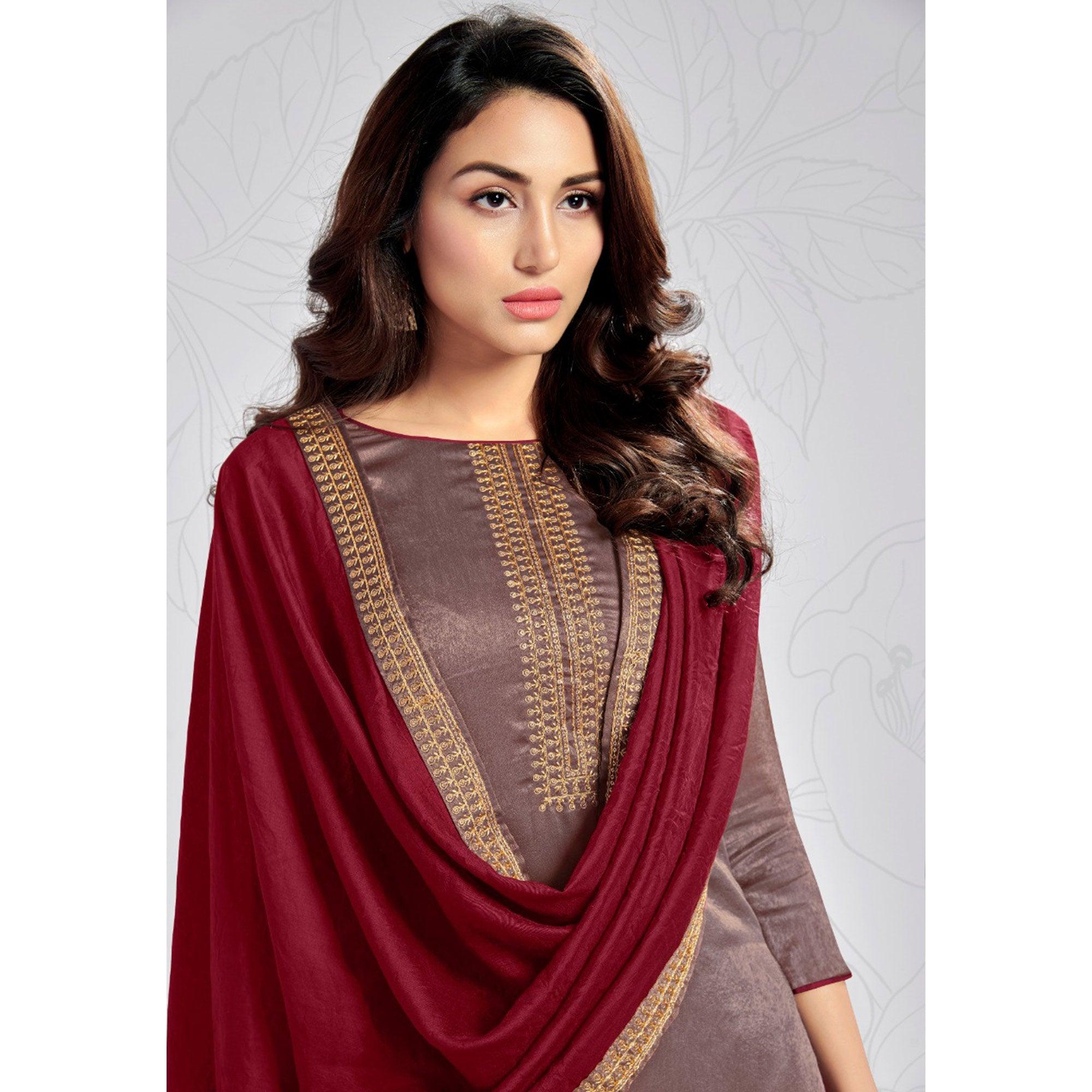 Brown Casual Wear Embroidered Sanaya Silk Dress Material - Peachmode