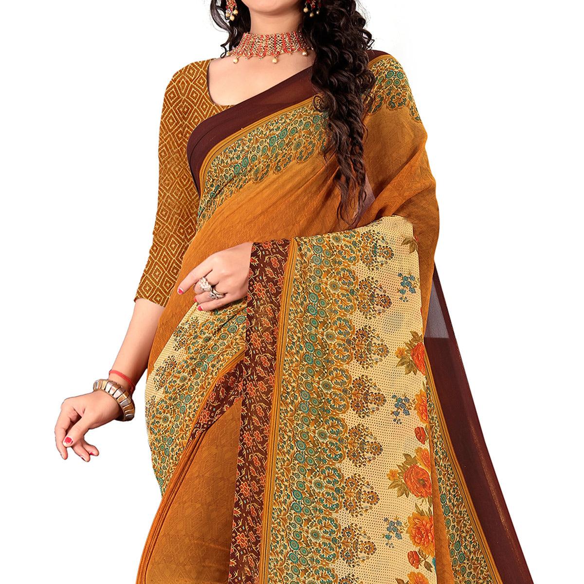 Brown Casual Wear Floral Digital Printed Heavy Georgette Saree - Peachmode