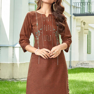 Brown Casual Wear Floral Embroidered Cotton Kurti Pant Set - Peachmode