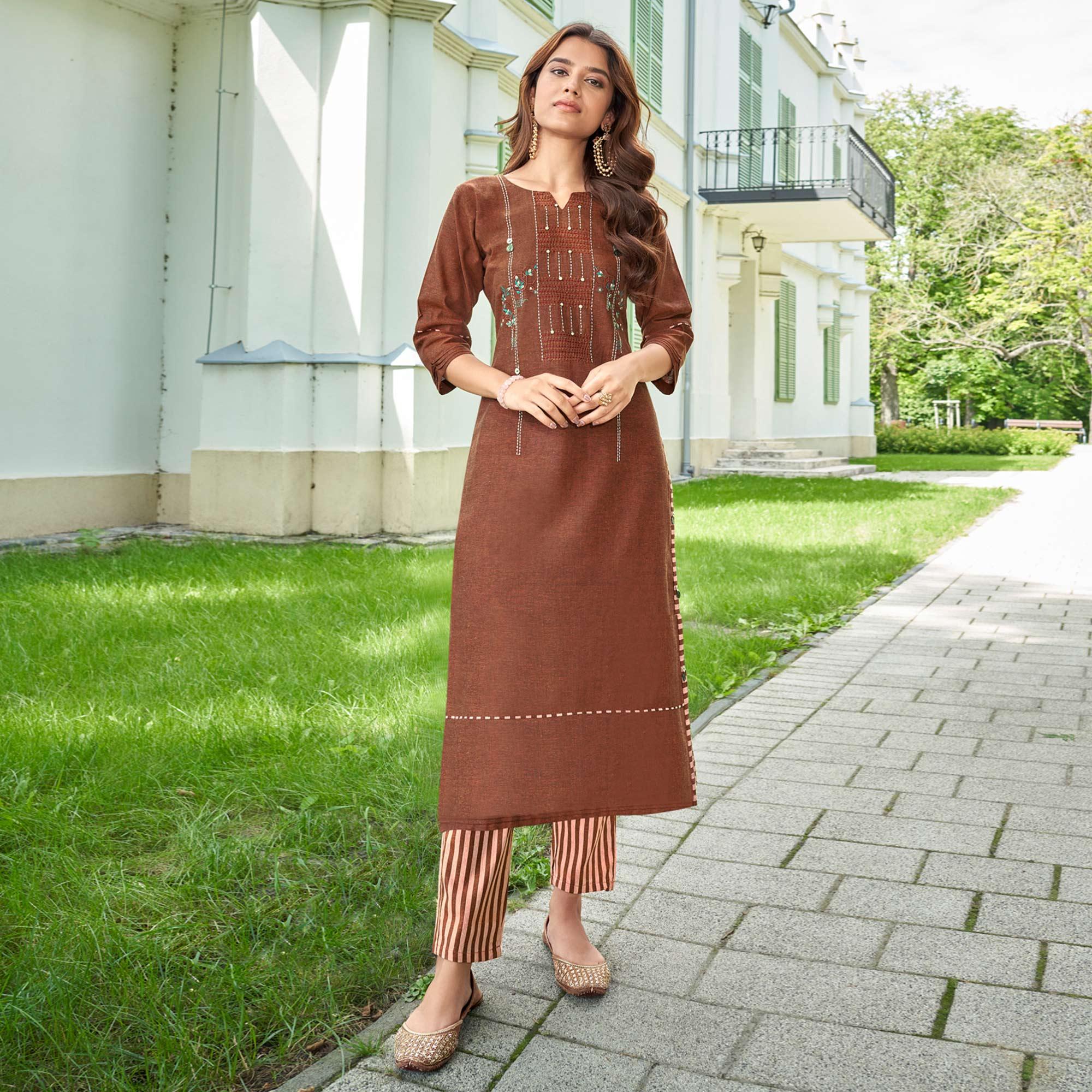 Brown Casual Wear Floral Embroidered Cotton Kurti Pant Set - Peachmode