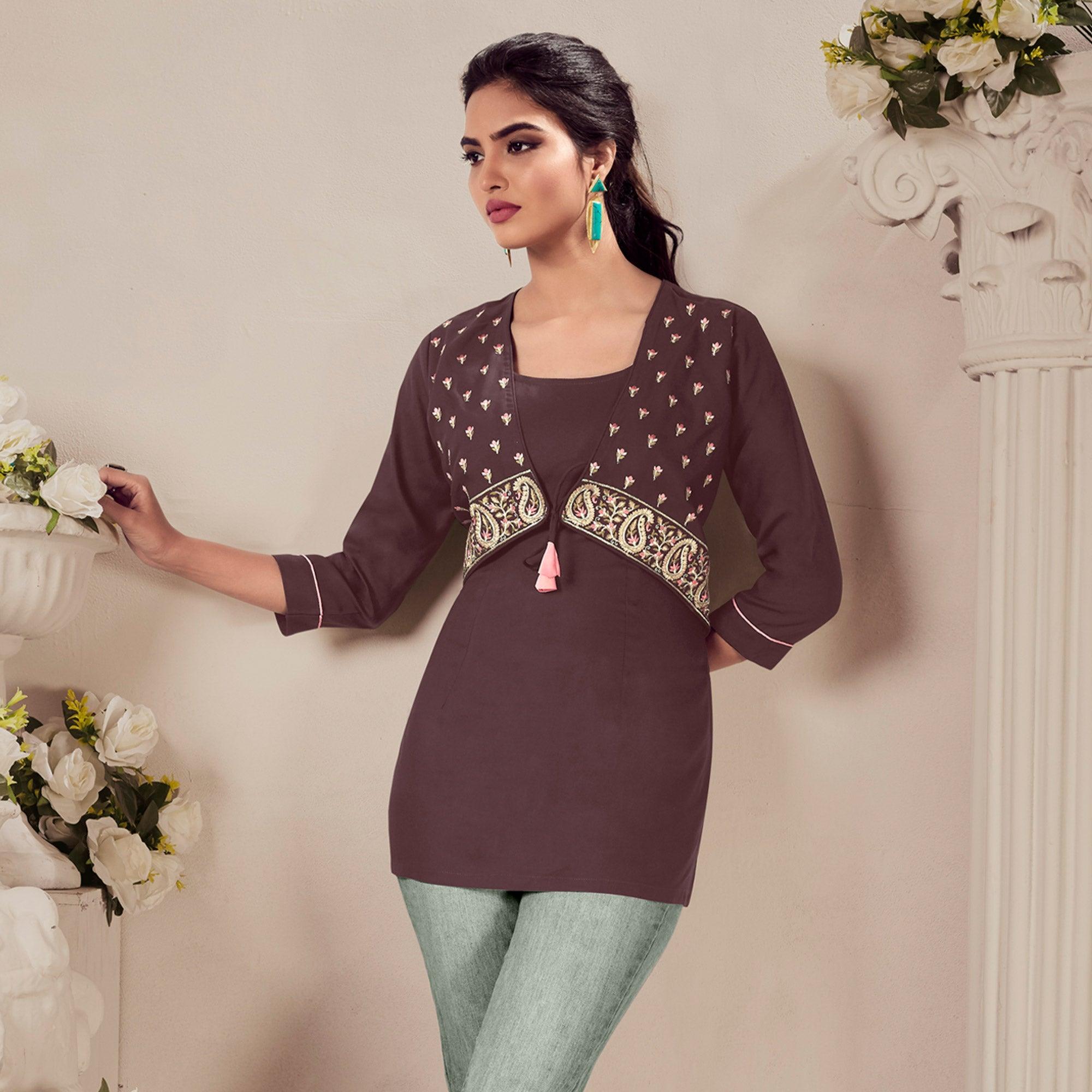 Brown Casual Wear Floral Embroidered Rayon Top - Peachmode