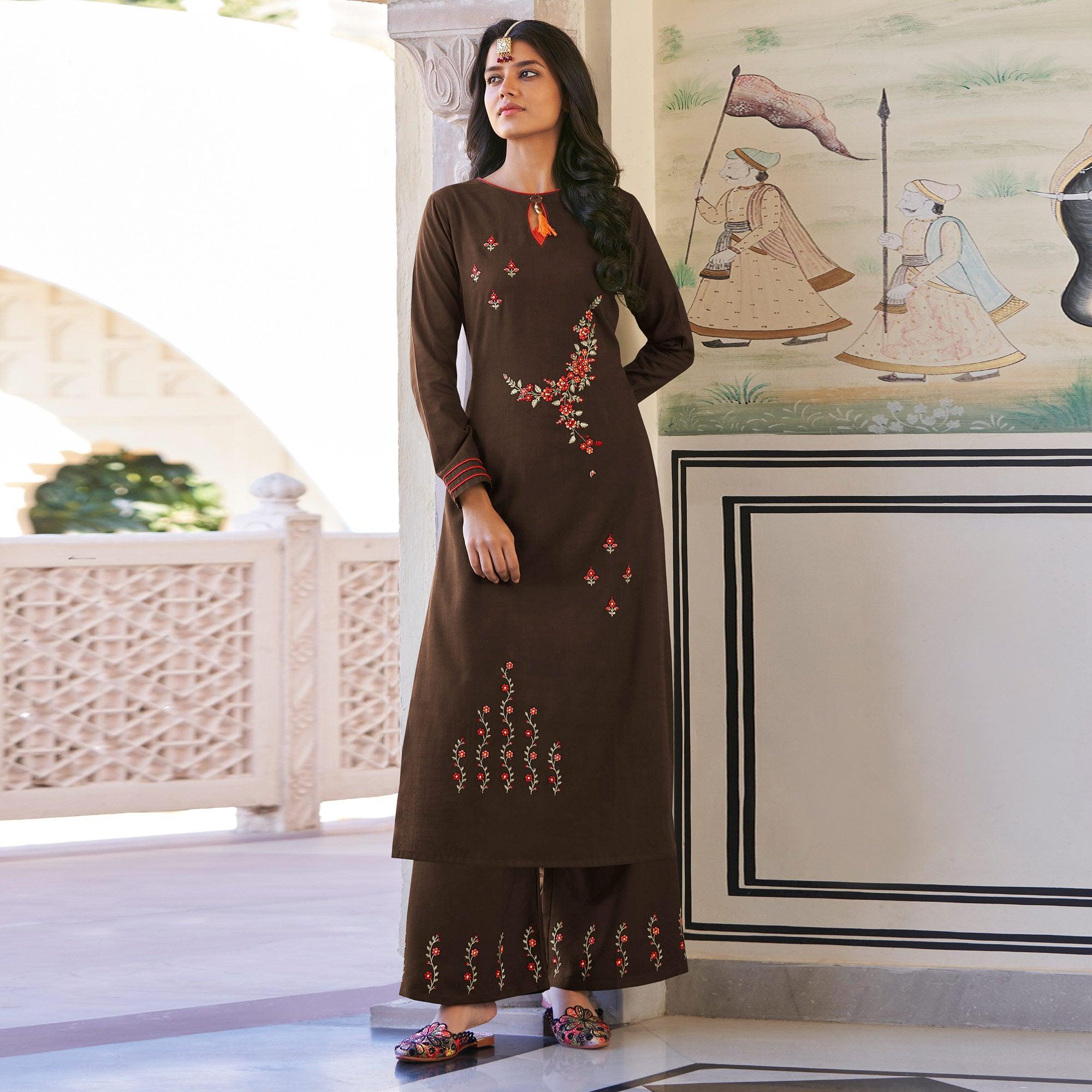 Brown Casual Wear Floral Embroidered Silk Two Tone Palazzo Suit - Peachmode