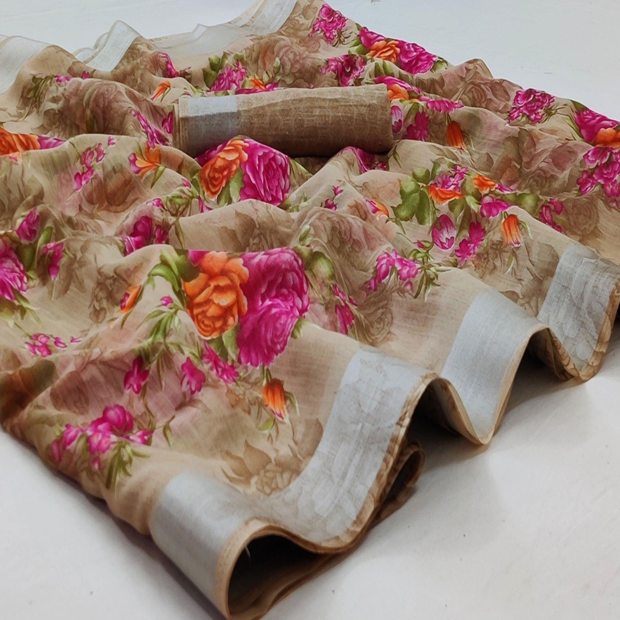 Brown Casual Wear Floral Mill Printed Cotton Saree With Zari Border - Peachmode