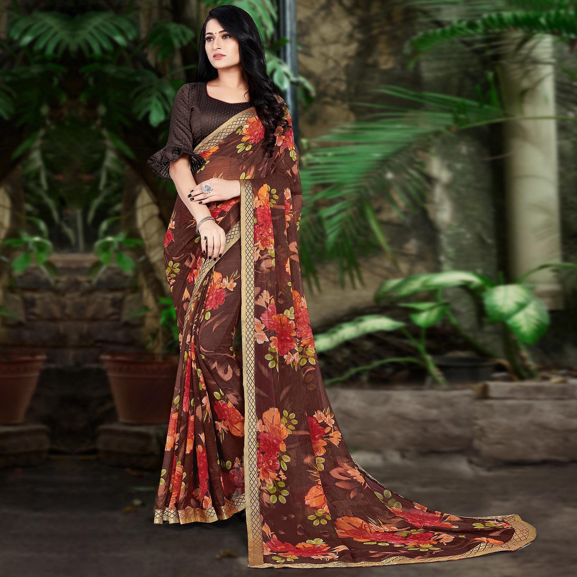 Brown Casual Wear Floral Printed Chiffon Saree - Peachmode