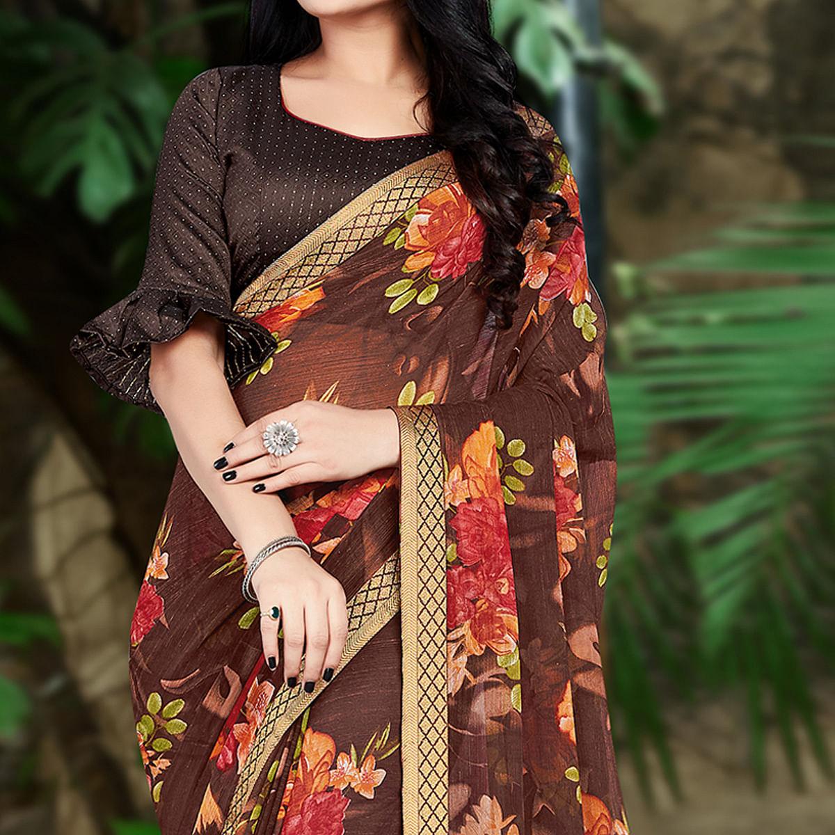 Brown Casual Wear Floral Printed Chiffon Saree - Peachmode