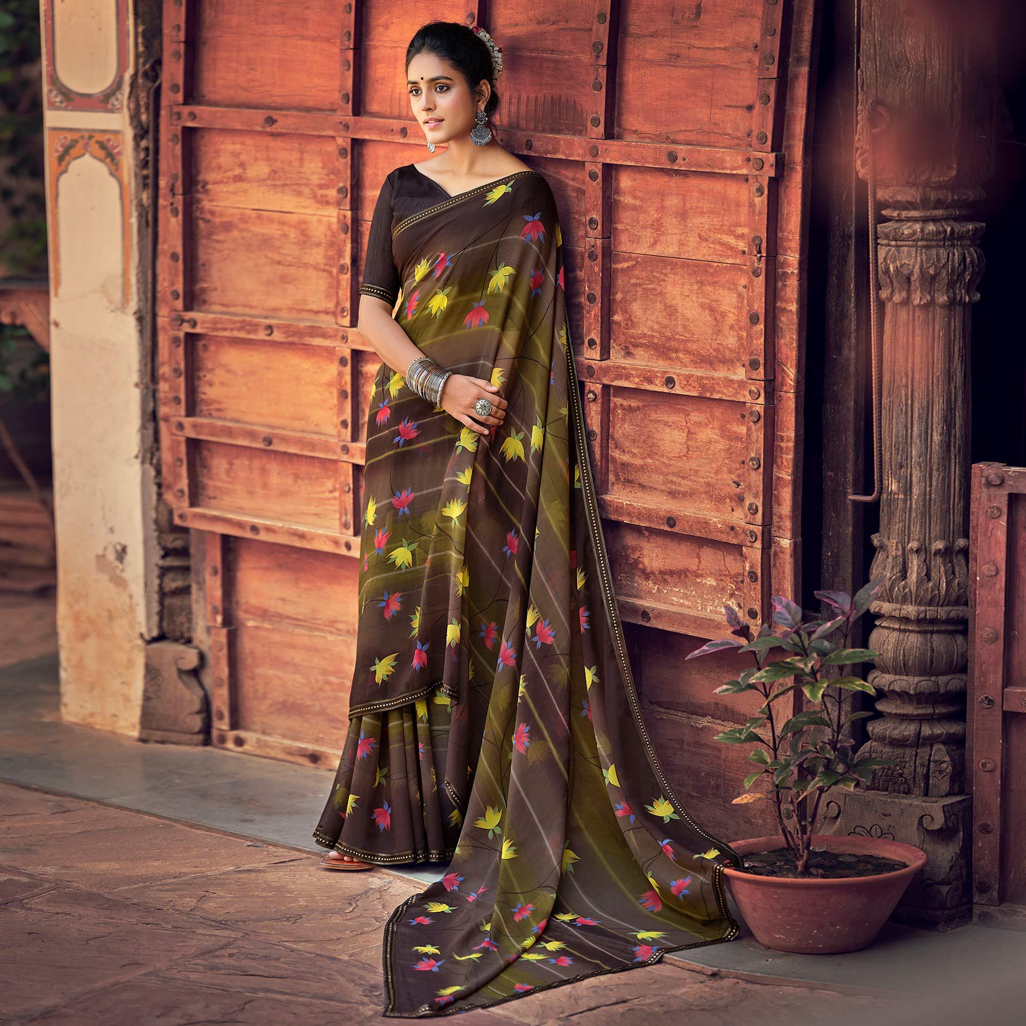 Brown Casual Wear Floral Printed Chiffon Saree With Fancy Blouse - Peachmode