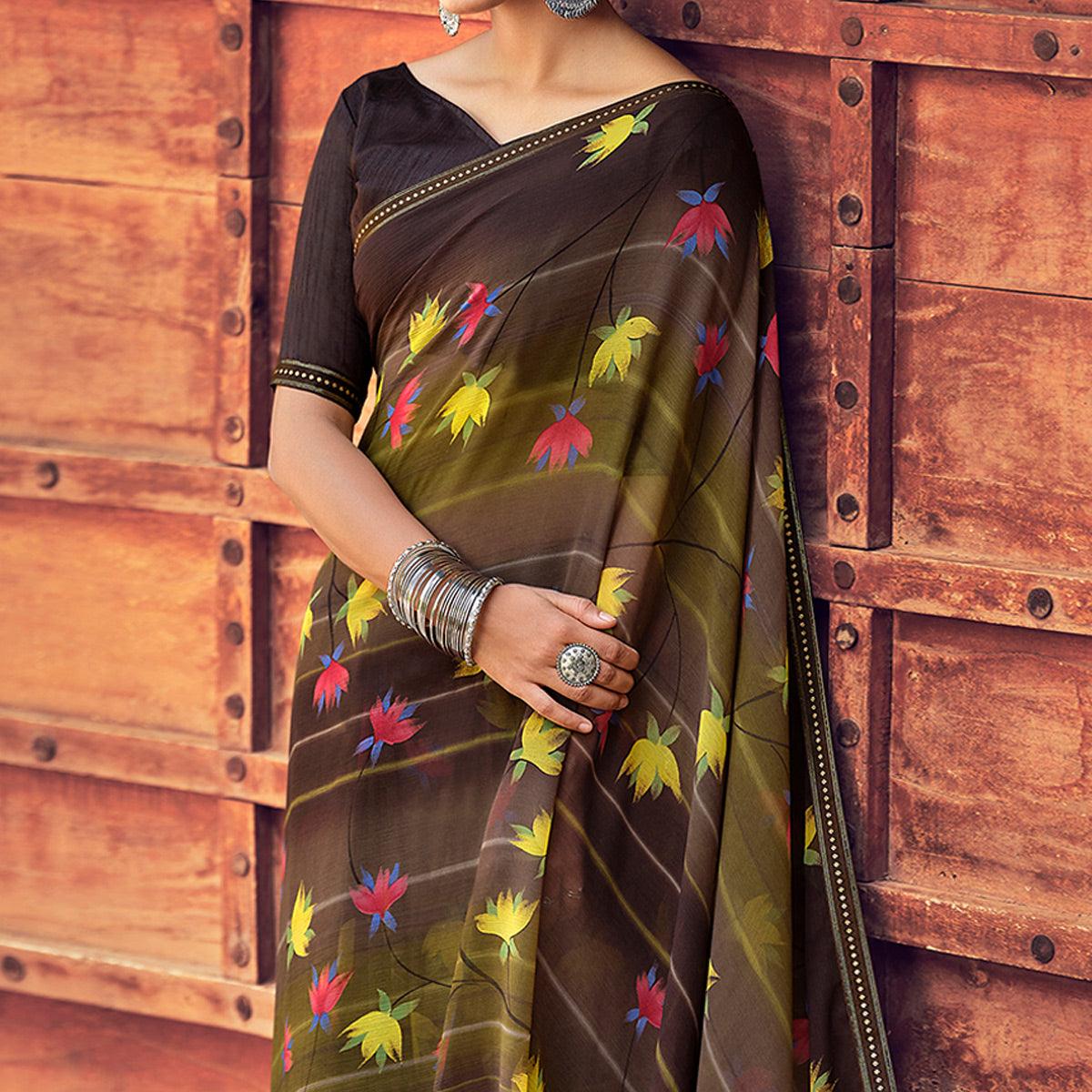 Brown Casual Wear Floral Printed Chiffon Saree With Fancy Blouse - Peachmode