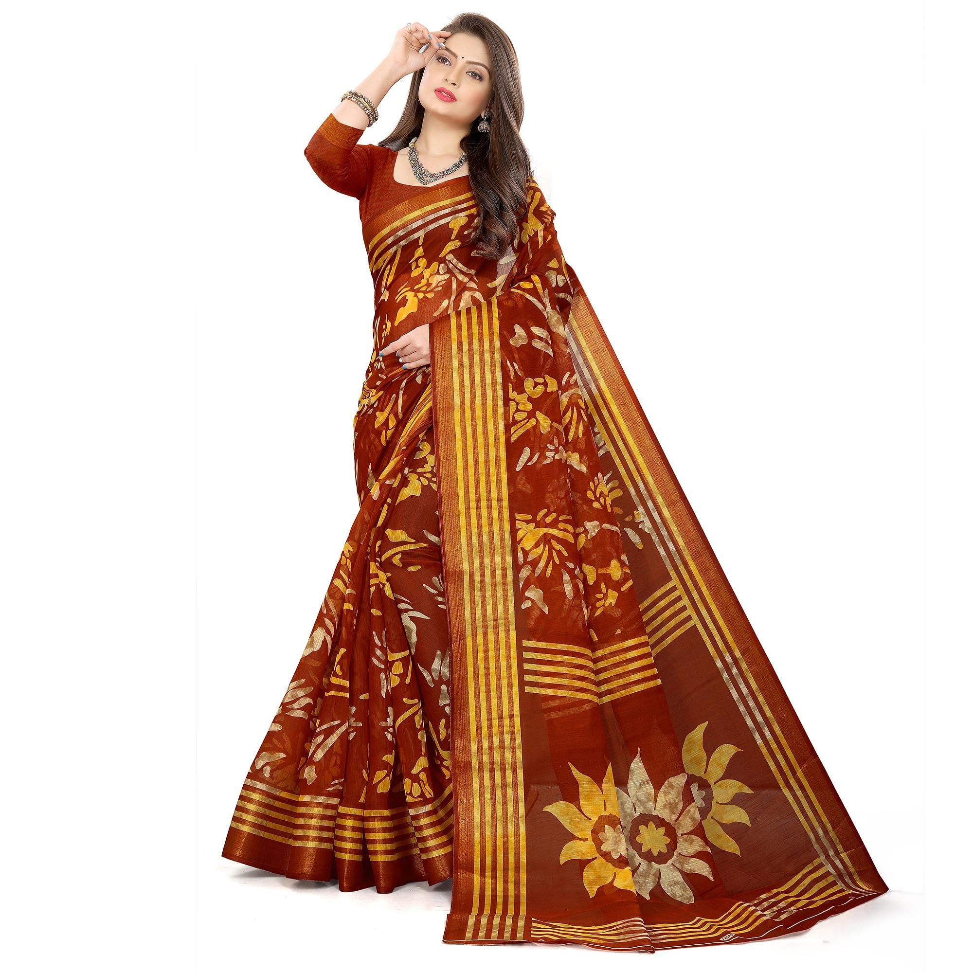 Brown Casual Wear Floral Printed Cotton Linen Saree - Peachmode
