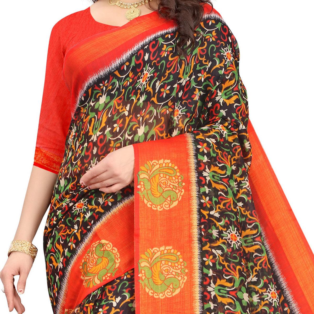 Brown Casual Wear Floral Printed Cotton Linen Saree - Peachmode