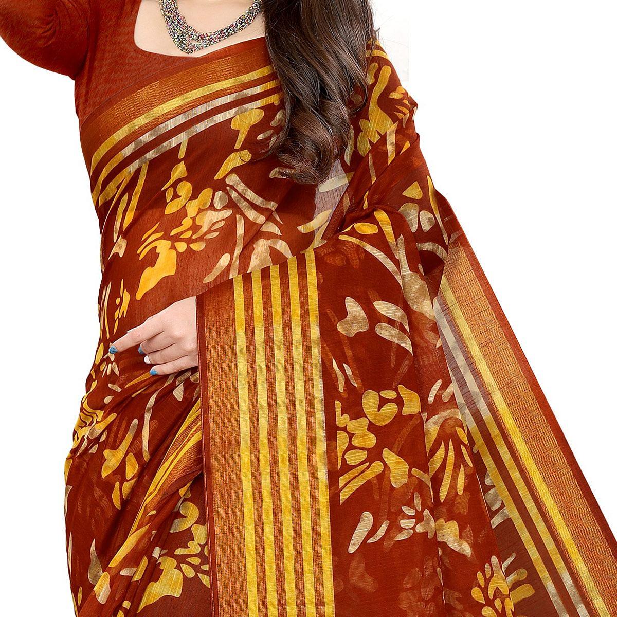 Brown Casual Wear Floral Printed Cotton Linen Saree - Peachmode