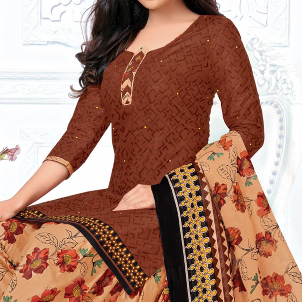 Brown Casual Wear Floral Printed Cotton Patiala Dress Material - Peachmode