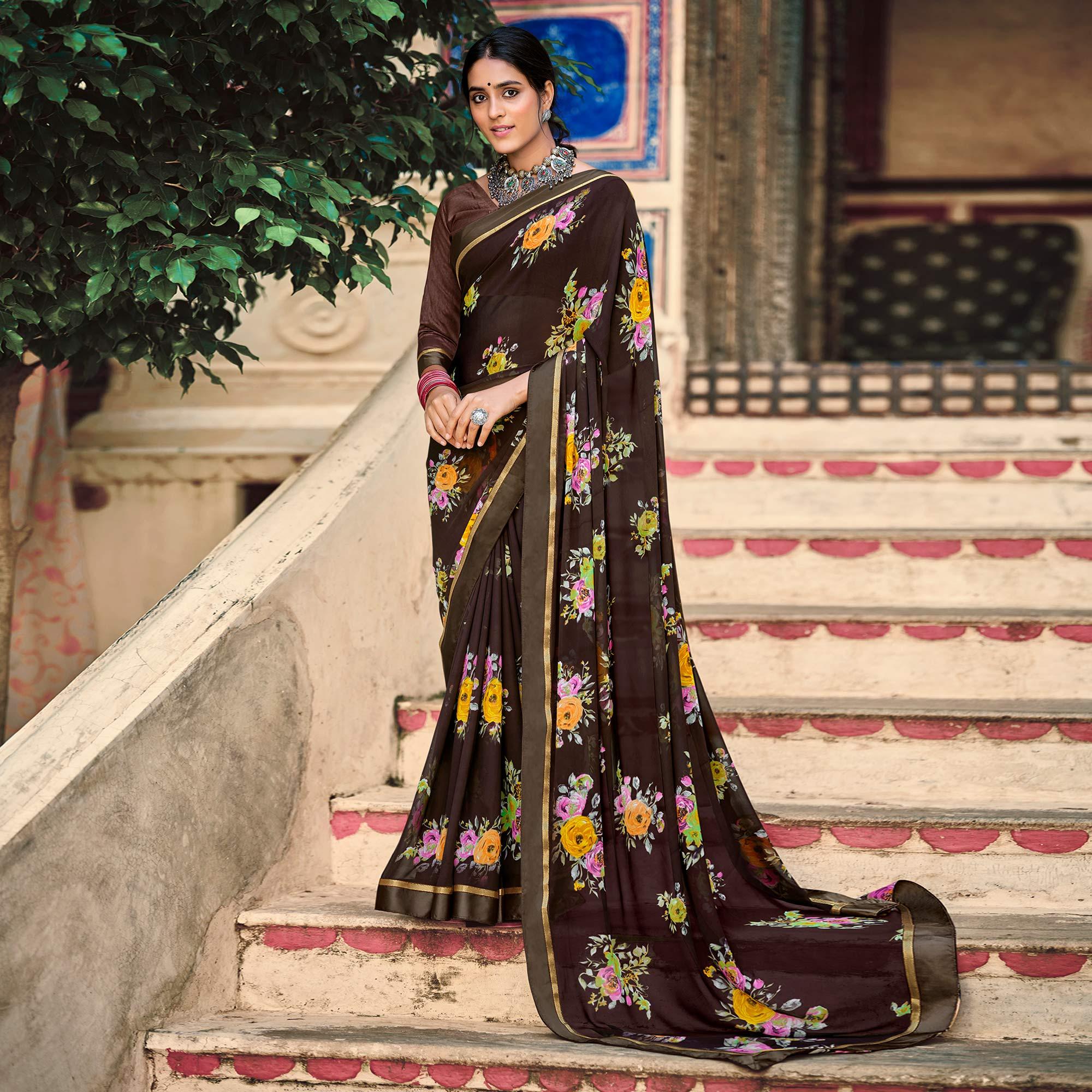 Brown Casual Wear Floral Printed Georgette Saree - Peachmode