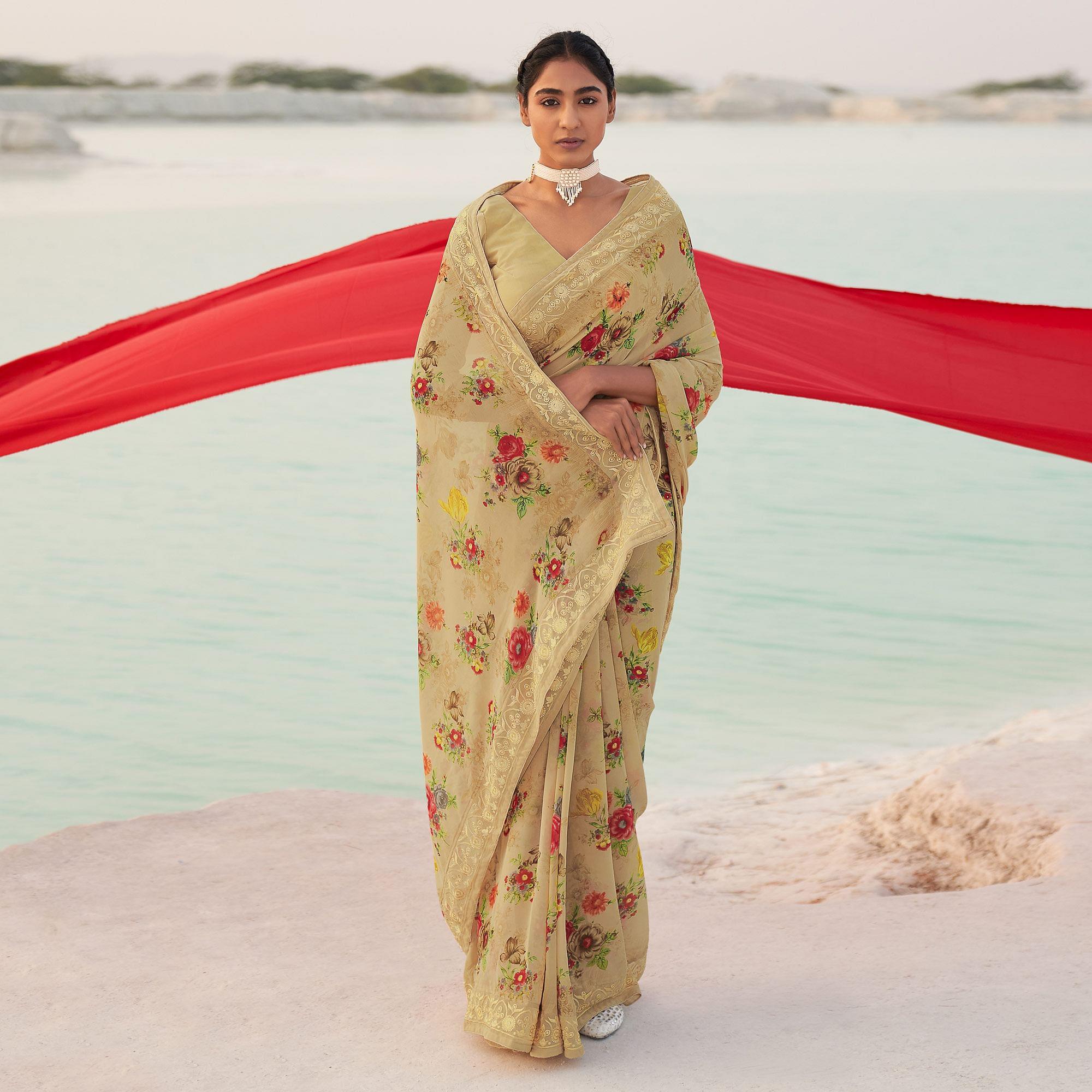 Brown Casual Wear Floral Printed Georgette Saree - Peachmode