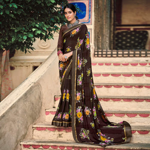 Brown Casual Wear Floral Printed Georgette Saree - Peachmode