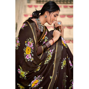 Brown Casual Wear Floral Printed Georgette Saree - Peachmode