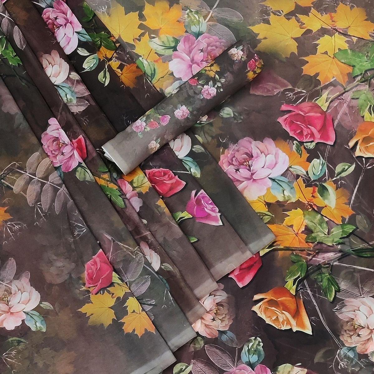 Brown Casual Wear Floral Printed Georgette Saree - Peachmode