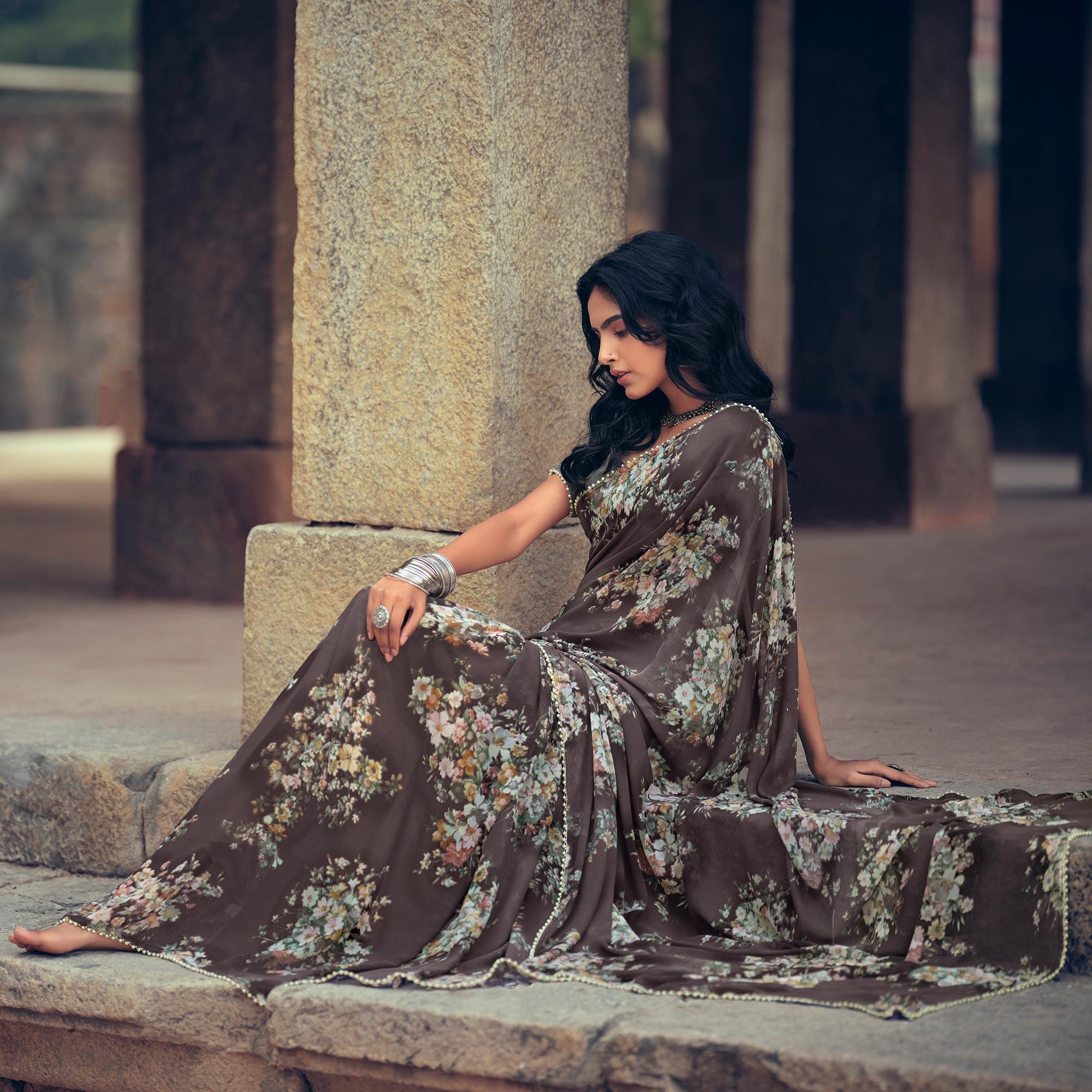 Brown Casual Wear Floral Printed Georgette Saree With Pearl Beads lace - Peachmode