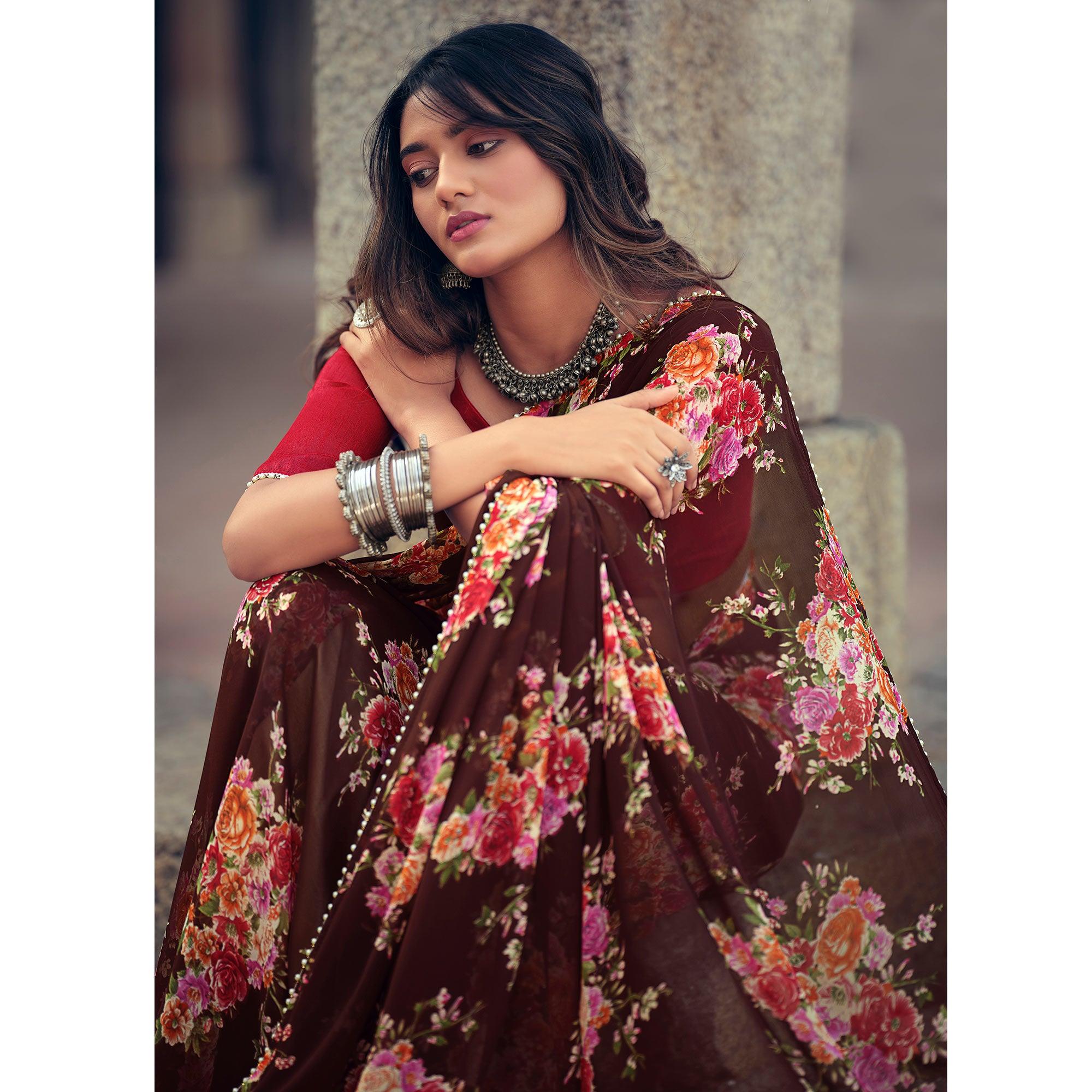 Brown Casual Wear Floral Printed Georgette Saree With Pearl Beads lace - Peachmode