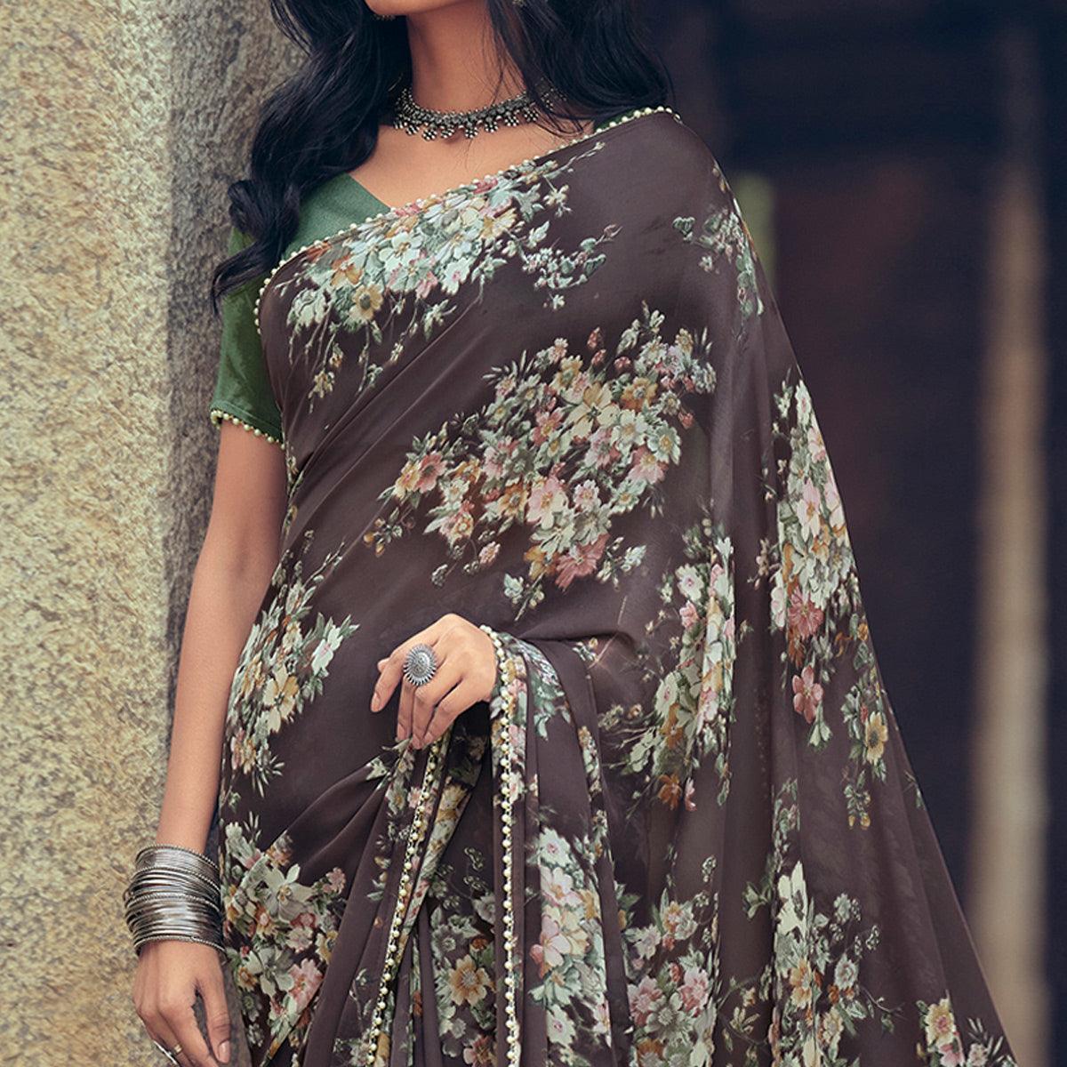 Brown Casual Wear Floral Printed Georgette Saree With Pearl Beads lace - Peachmode