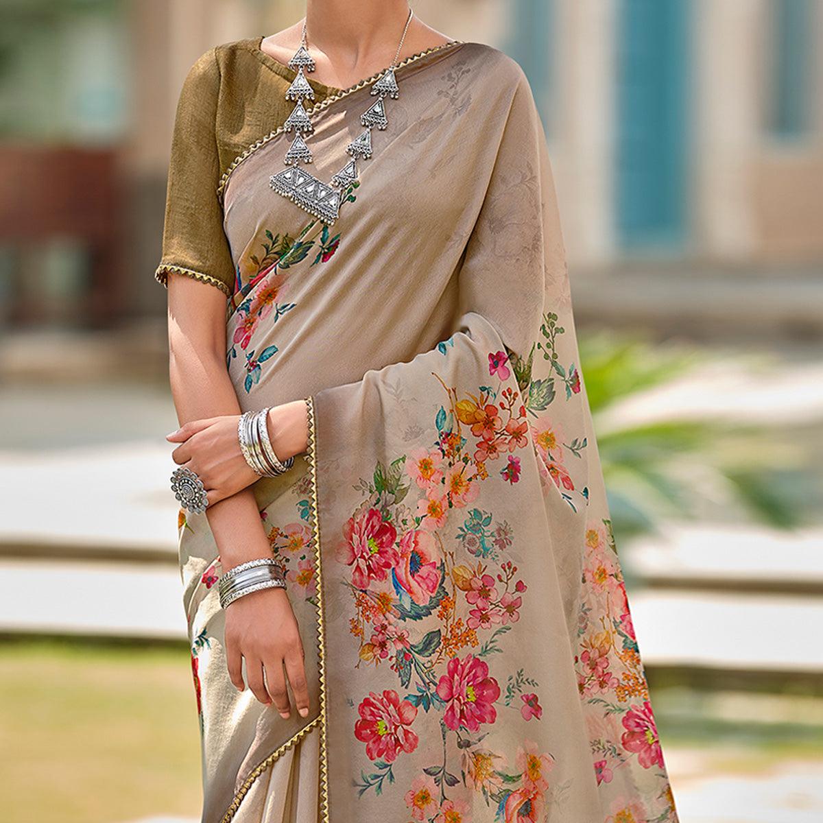 Brown Casual Wear Floral Printed Heavy Organza Silk Saree - Peachmode