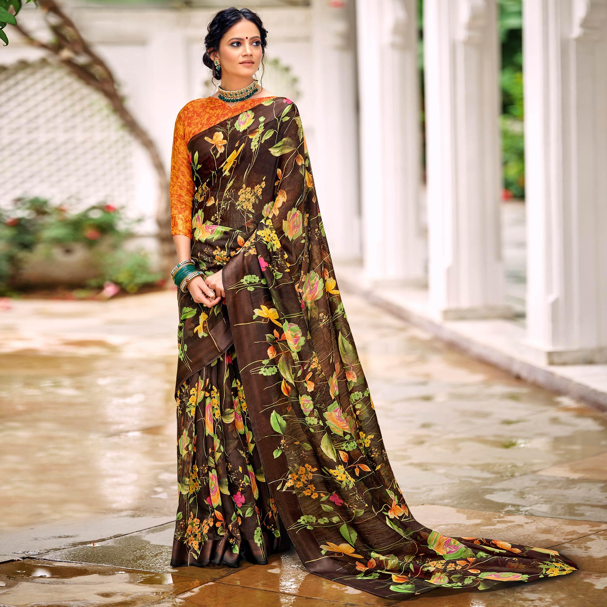 Brown Casual Wear Floral Printed Satin Saree - Peachmode