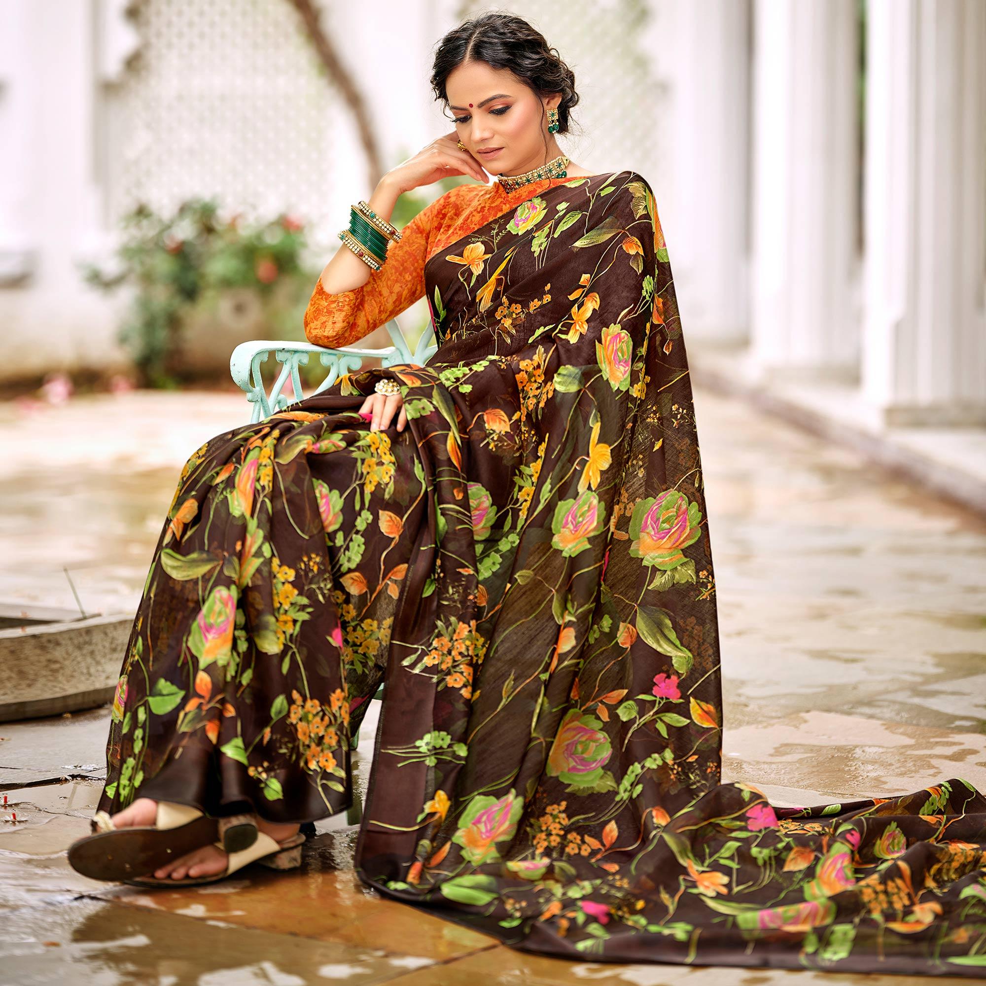 Brown Casual Wear Floral Printed Satin Saree - Peachmode