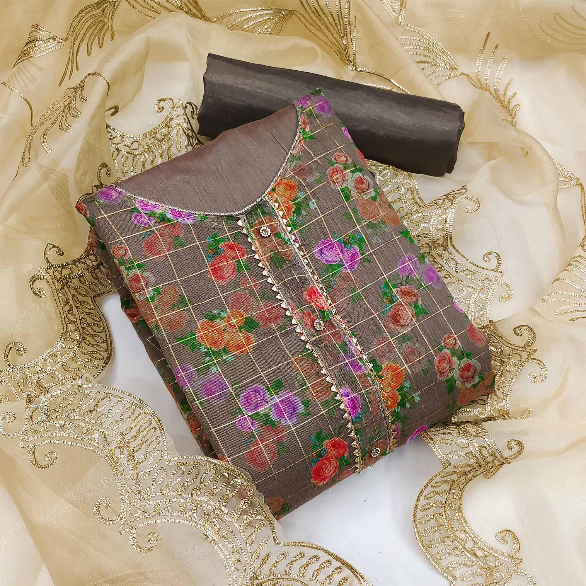 Brown Casual Wear Floral Printed With Checks Chanderi Dress Material - Peachmode