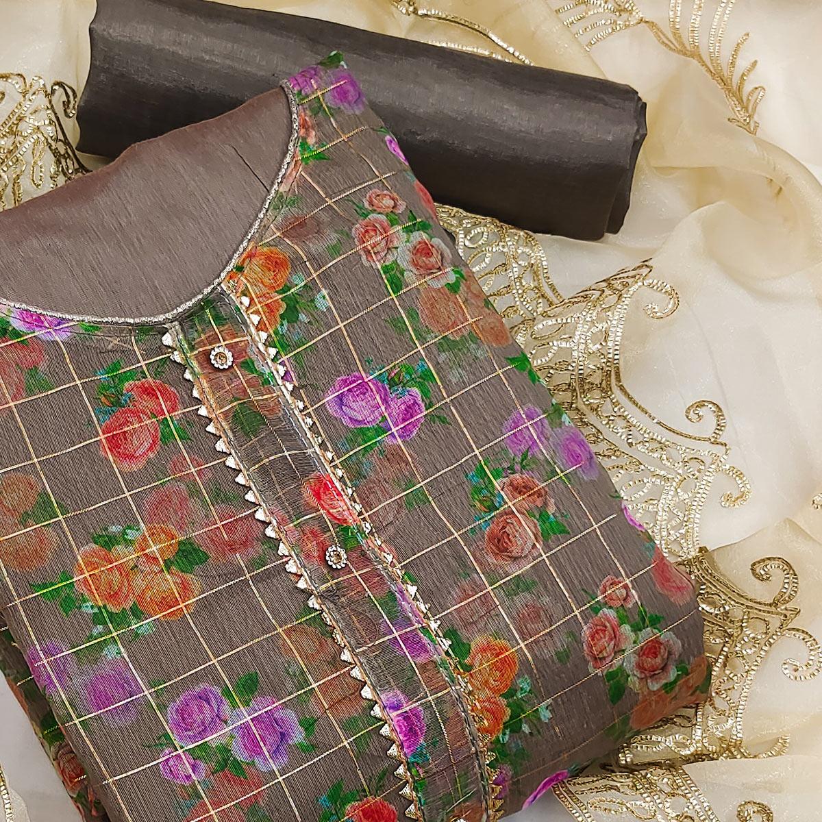 Brown Casual Wear Floral Printed With Checks Chanderi Dress Material - Peachmode