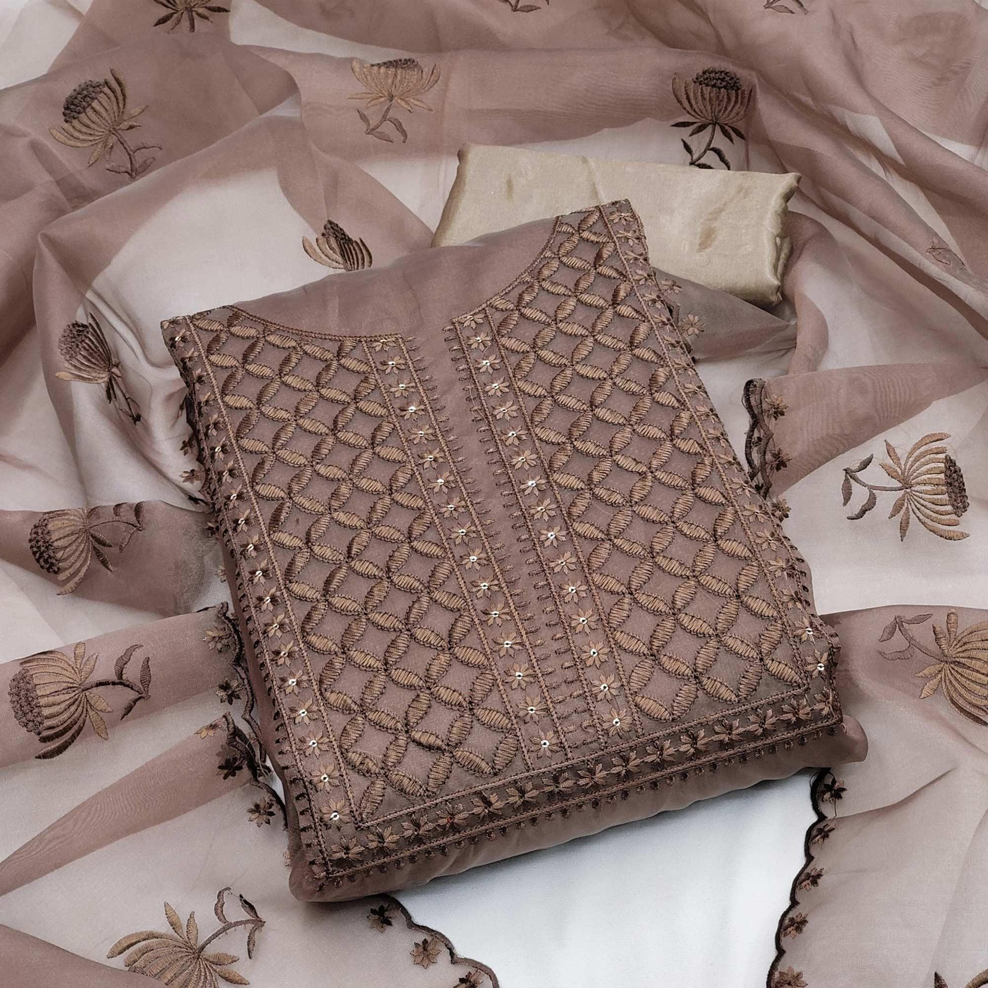 Brown Casual Wear Floral Sequence Embroidered Organza Dress Material - Peachmode