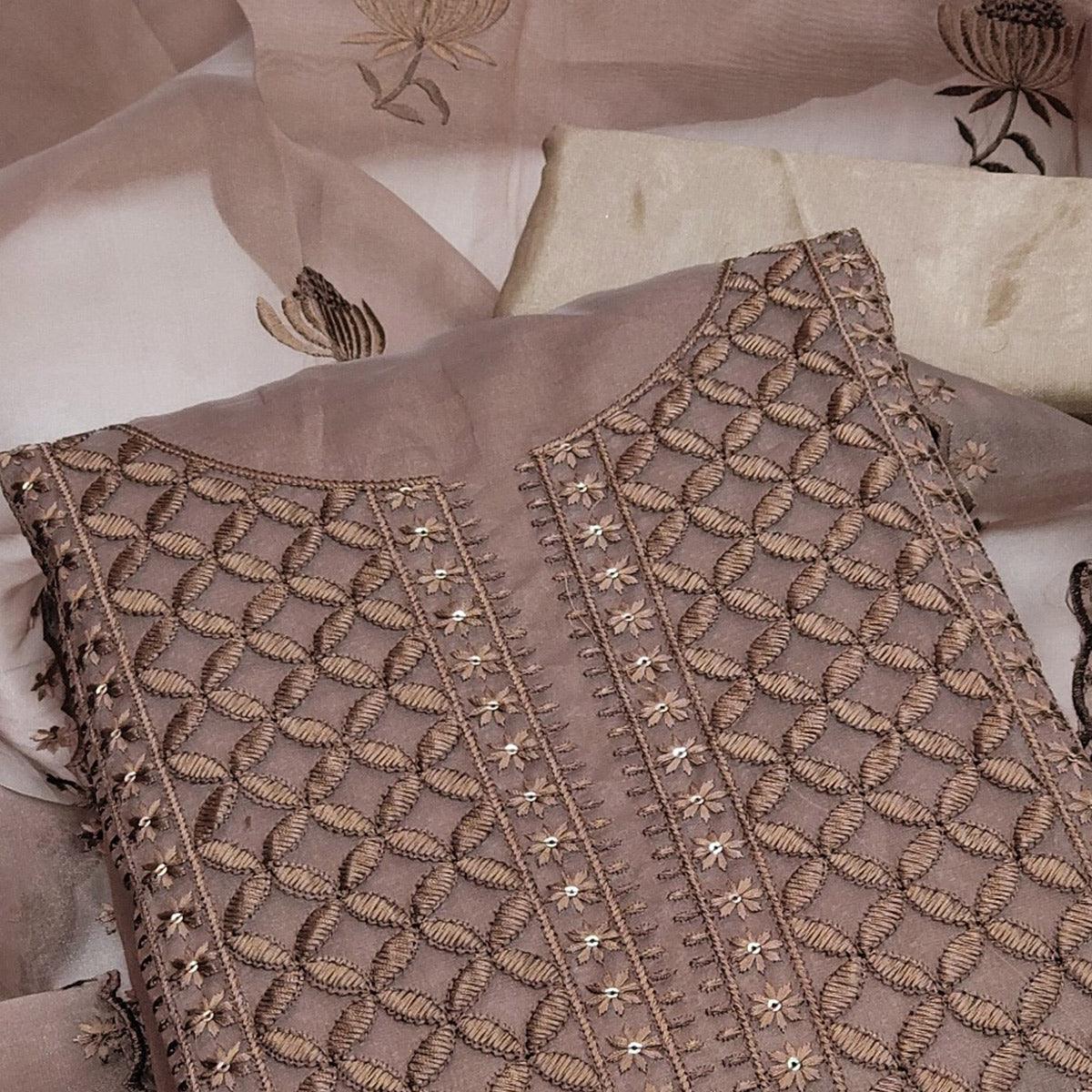 Brown Casual Wear Floral Sequence Embroidered Organza Dress Material - Peachmode