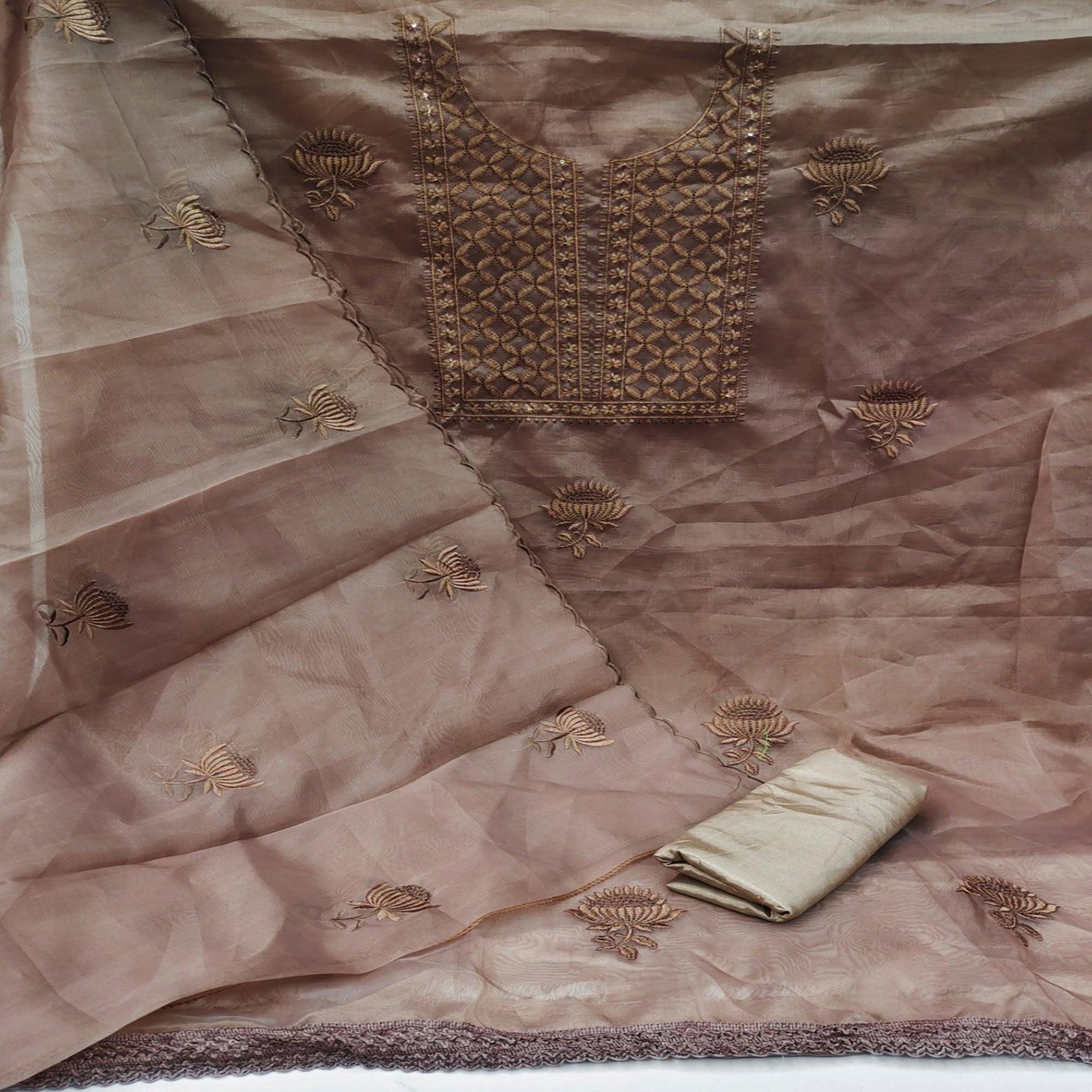 Brown Casual Wear Floral Sequence Embroidered Organza Dress Material - Peachmode