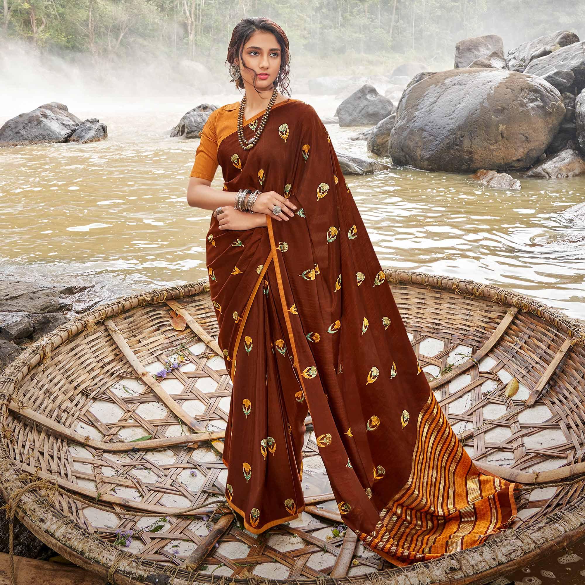 Brown Casual Wear Foil Printed Chiffon Saree - Peachmode