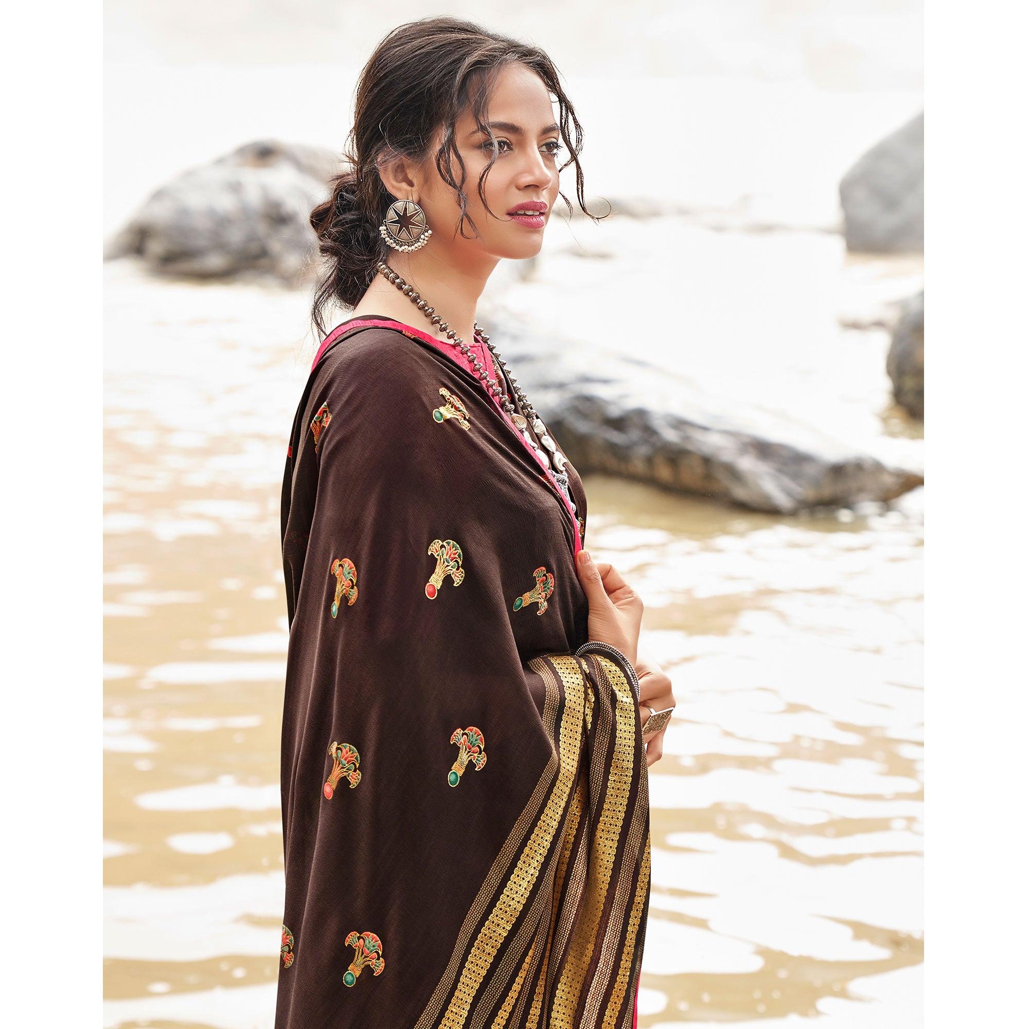 Brown Casual Wear Foil Printed Chiffon Saree - Peachmode