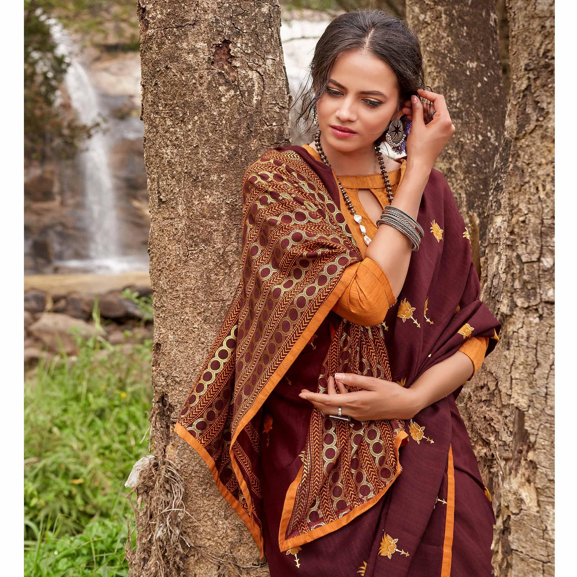 Brown Casual Wear Foil Printed Chiffon Saree - Peachmode