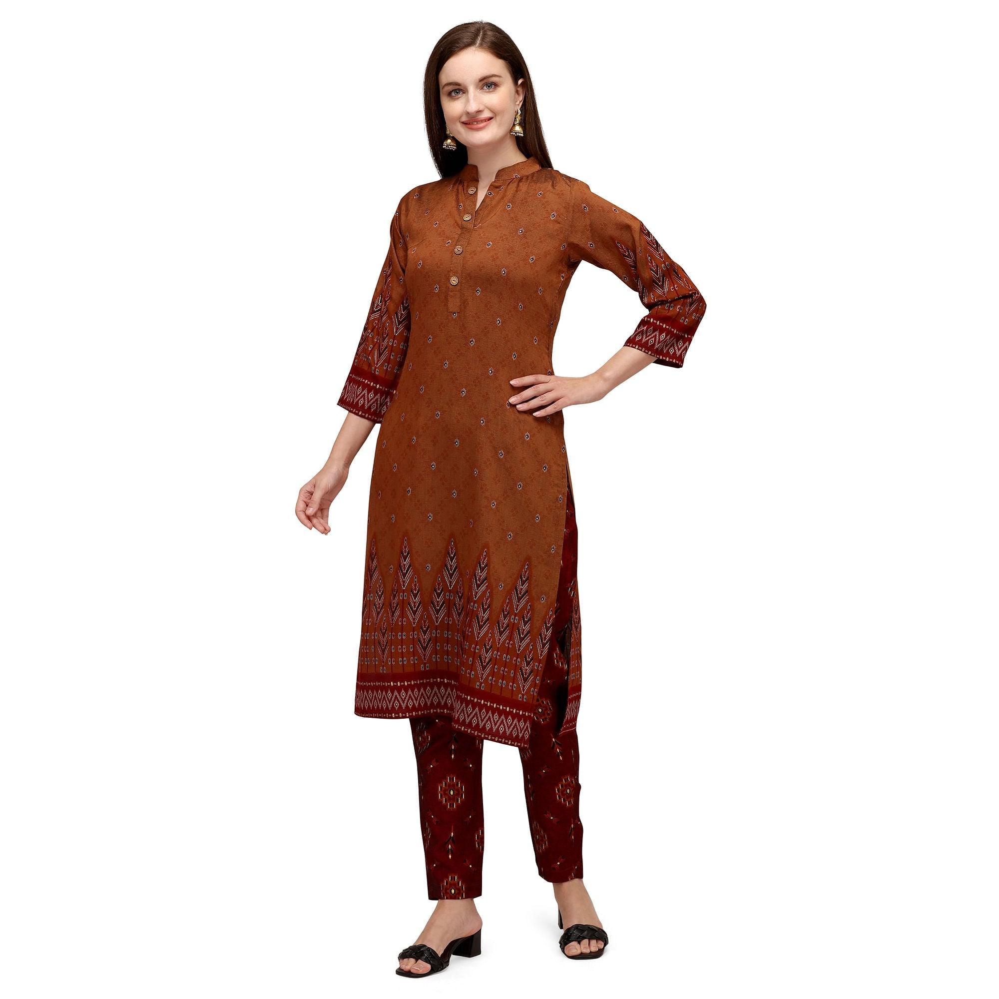 Brown Casual Wear Foil Printed Muslin Silk Kurti With Palazzo Set - Peachmode