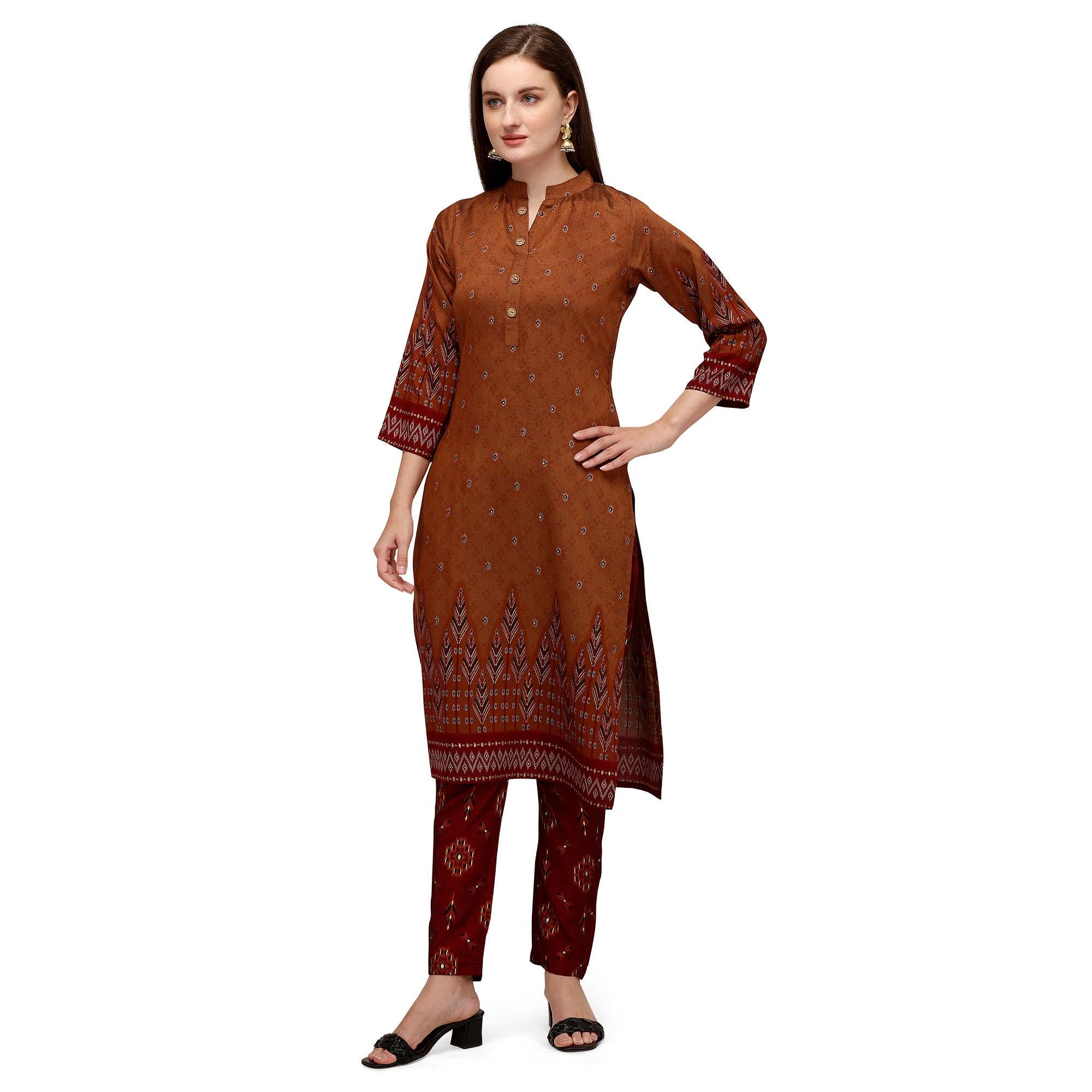 Brown Casual Wear Foil Printed Muslin Silk Kurti With Palazzo Set - Peachmode