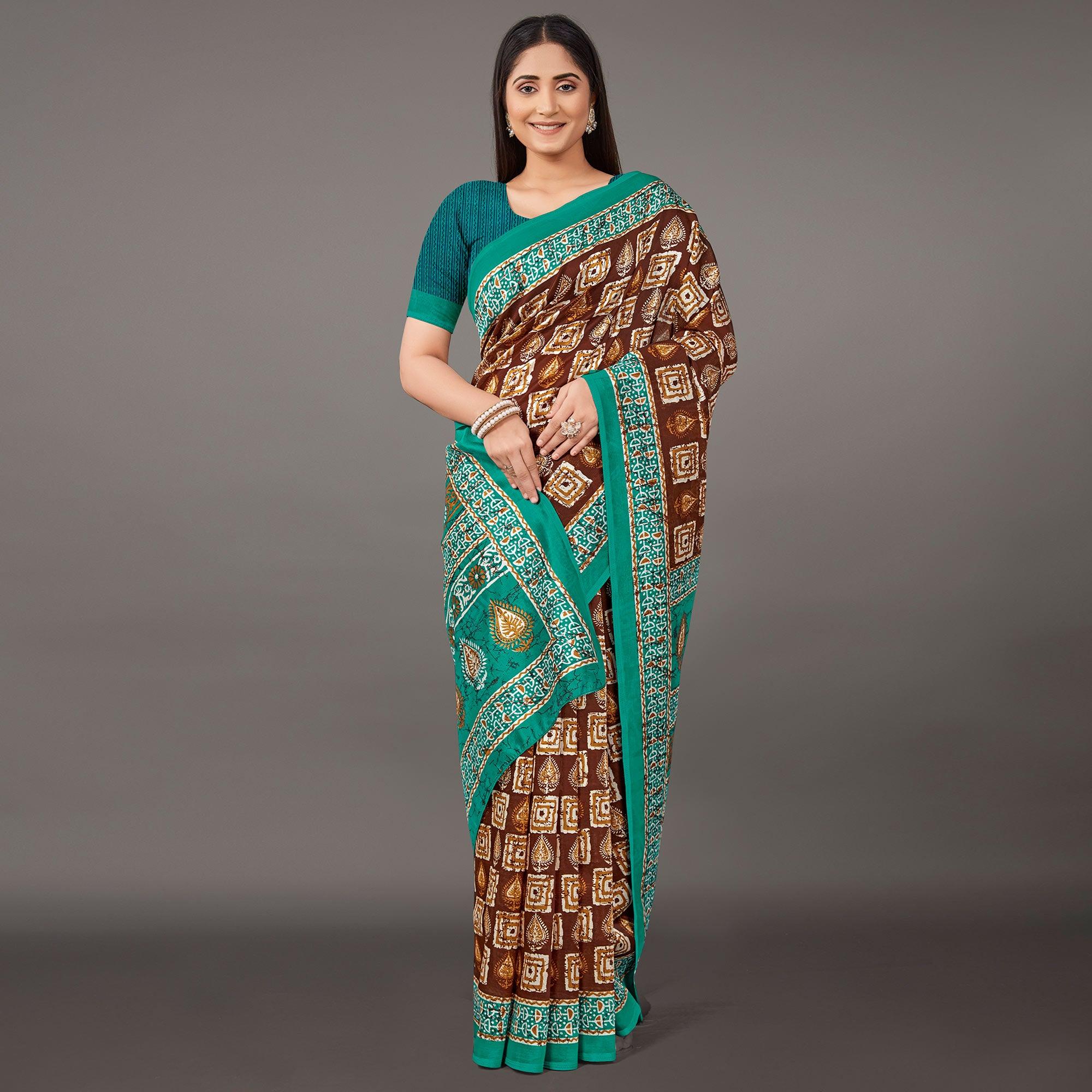 Brown Casual Wear Geometric Printed Art Silk Saree - Peachmode