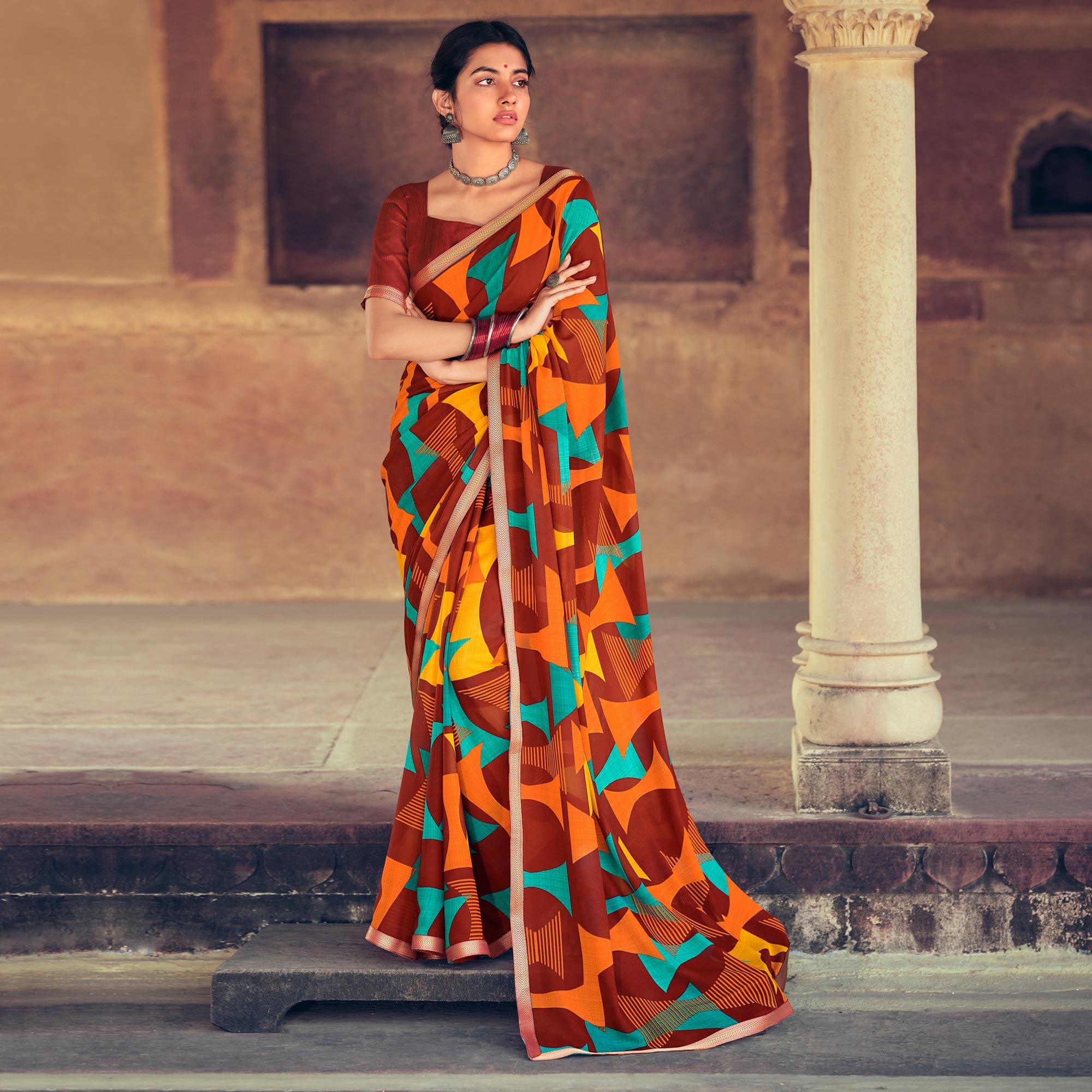 Brown Casual Wear Geometric Printed Heavy Micro Saree - Peachmode