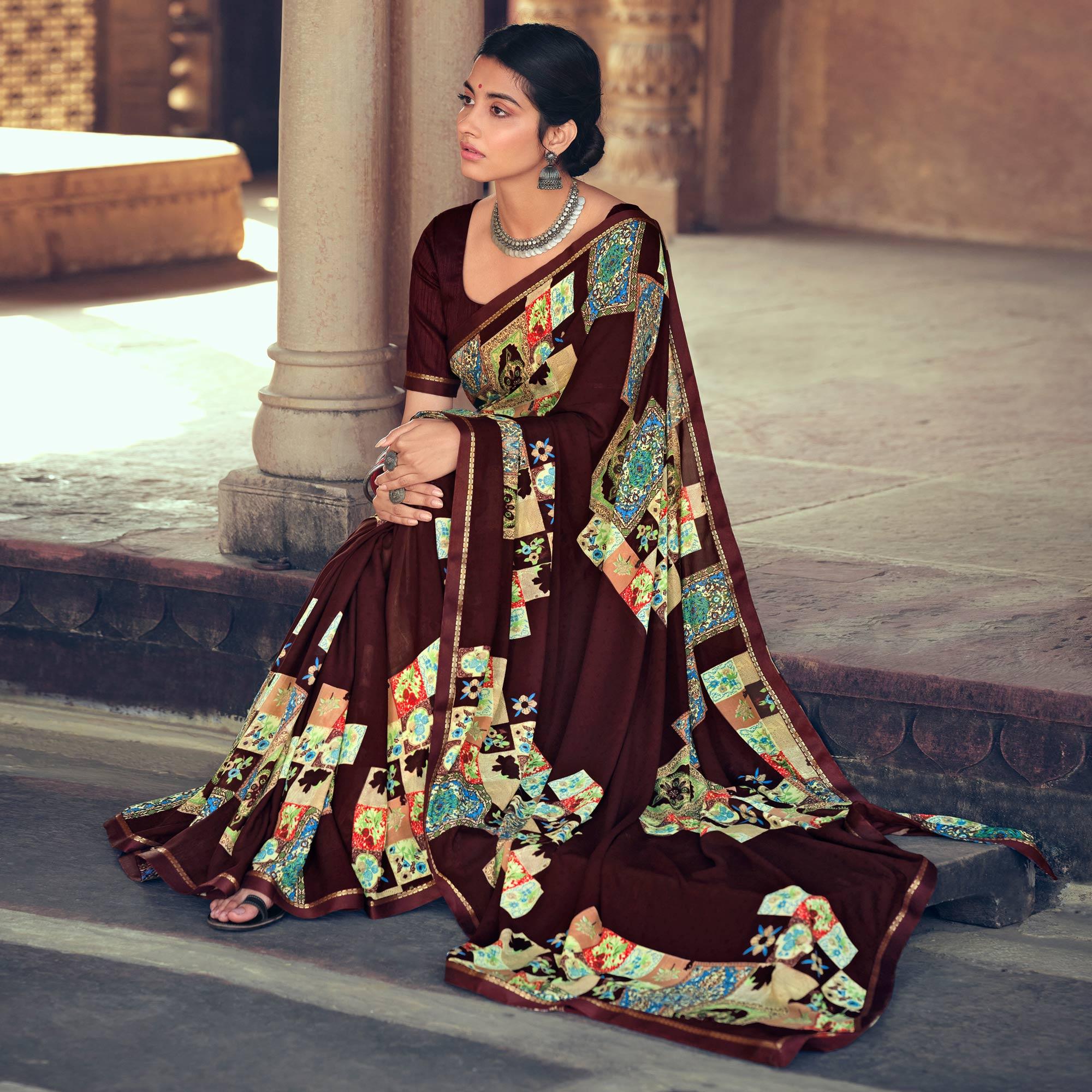 Brown Casual Wear Geometric Printed Heavy Micro Saree - Peachmode