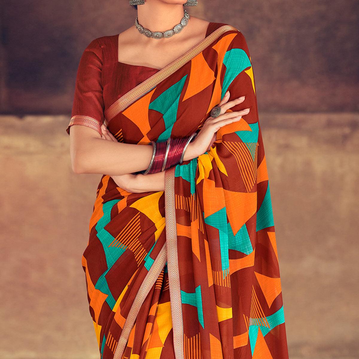 Brown Casual Wear Geometric Printed Heavy Micro Saree - Peachmode