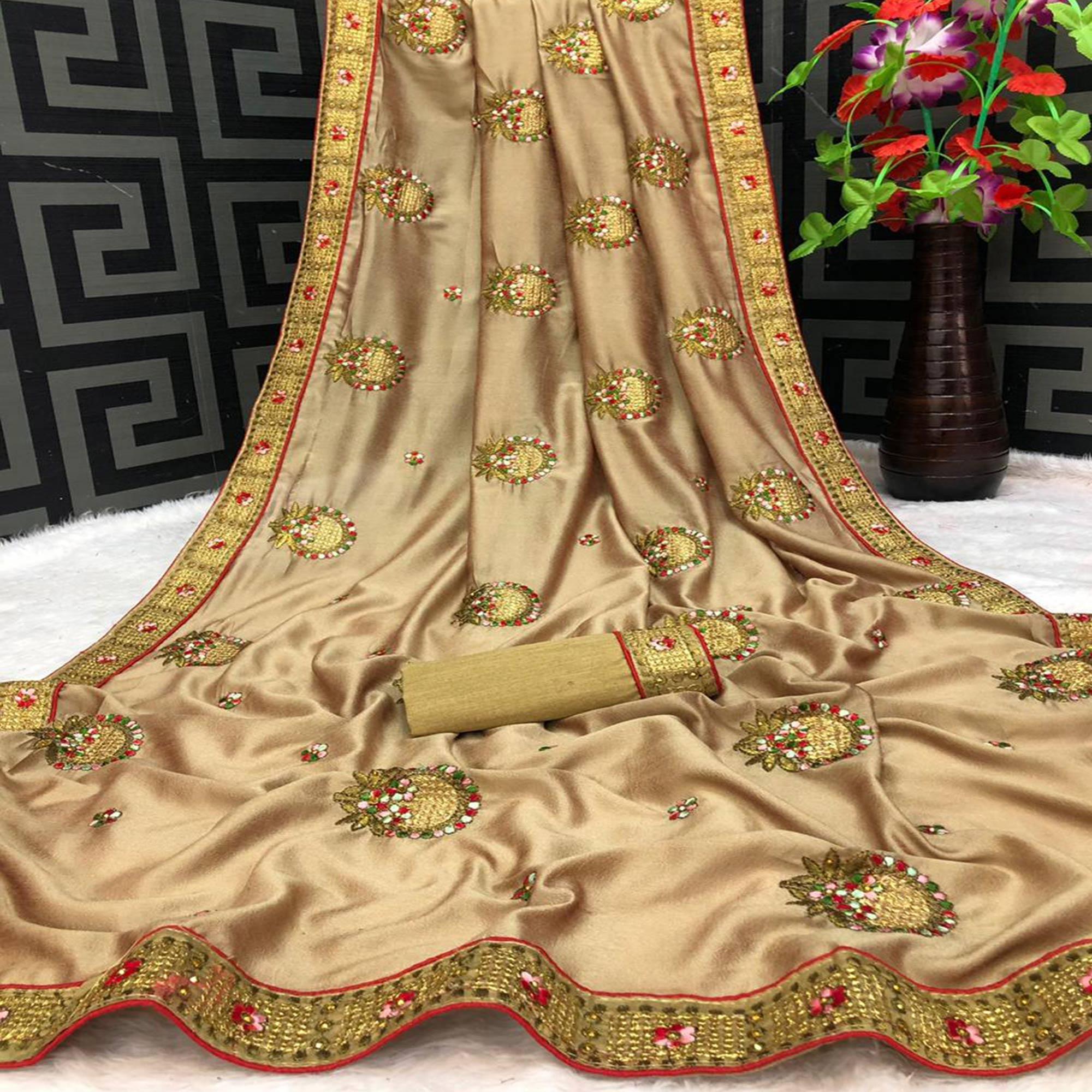 Brown Casual Wear Heavy Embroidered & Stone Work silk Saree - Peachmode