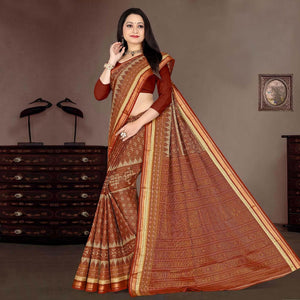 Brown Casual Wear Ikkat Printed Cotton Silk Saree - Peachmode