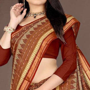 Brown Casual Wear Ikkat Printed Cotton Silk Saree - Peachmode