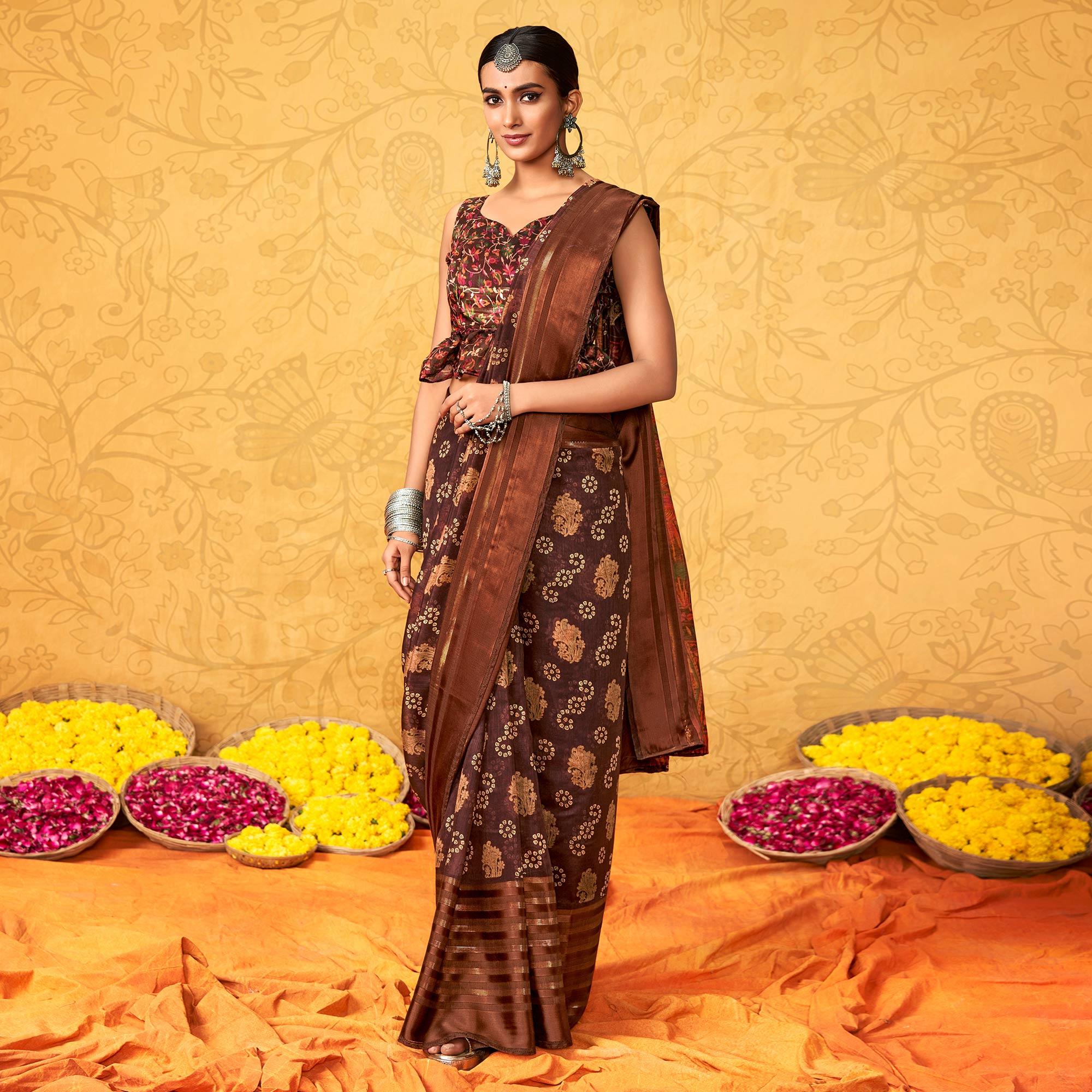 Brown Casual Wear KalamKari Block Printed Cotton Satin Saree - Peachmode